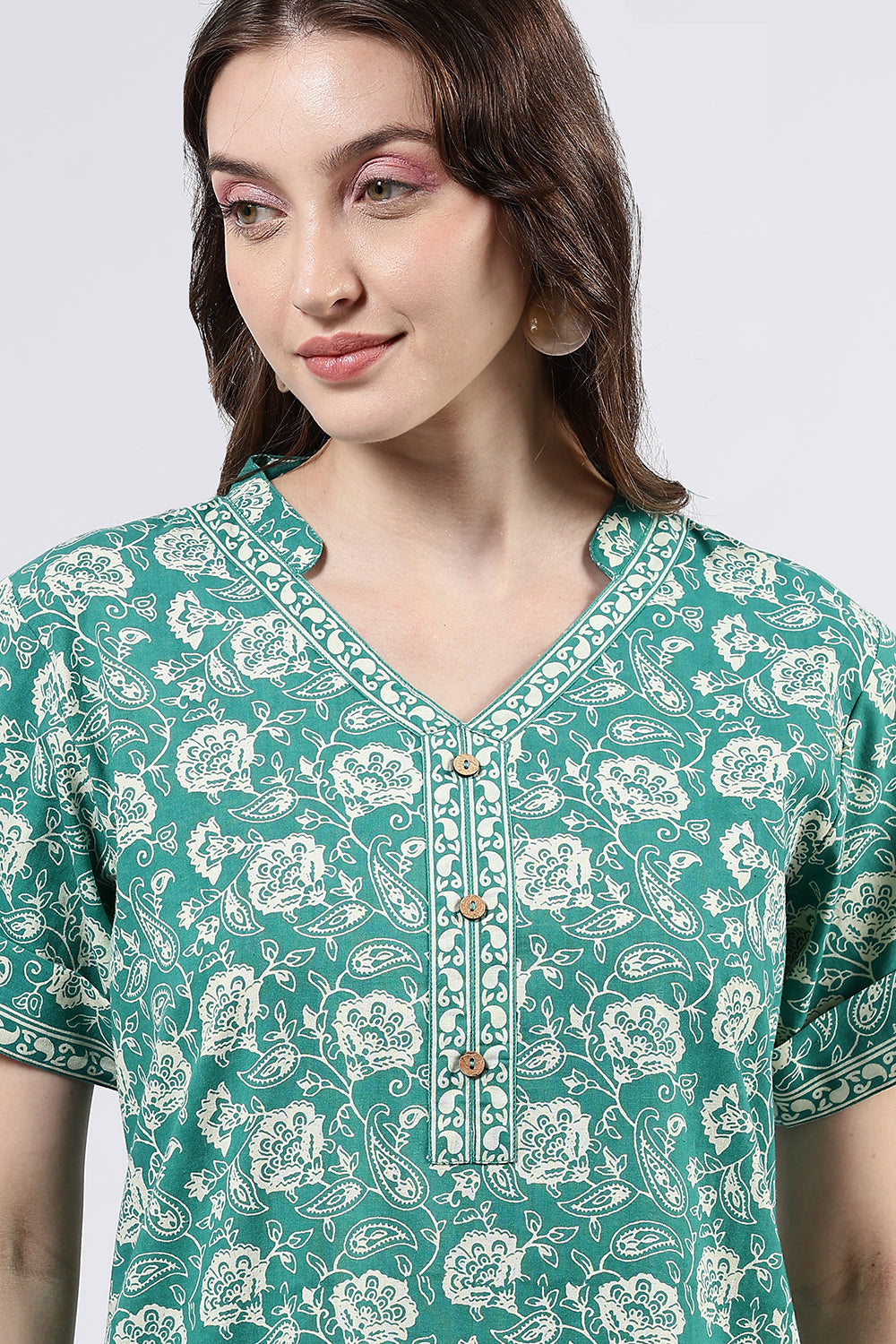 Naidu Hall Women’s Printed Cotton Full Length Nighty with Mandarin Collar and V Slit Neckline
- Green - NA69