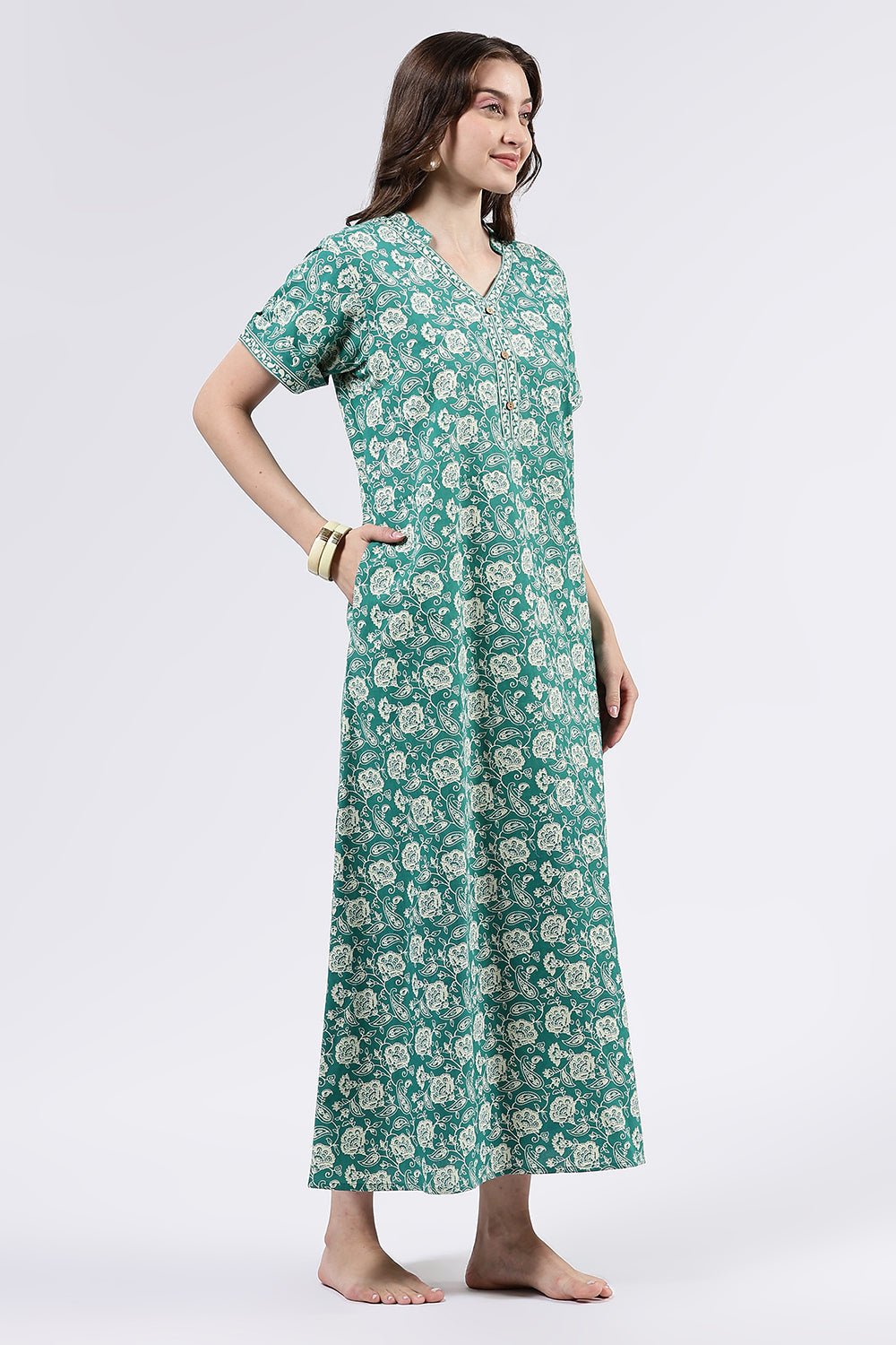 Naidu Hall Women’s Printed Cotton Full Length Nighty with Mandarin Collar and V Slit Neckline
- Green - NA69
