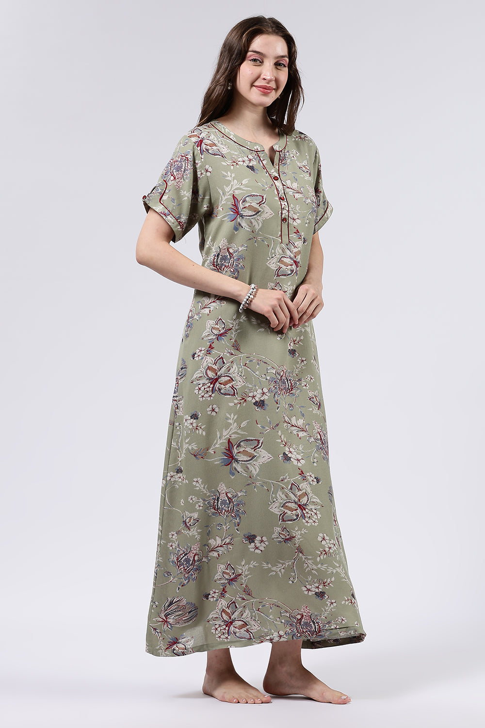 Naidu Hall Women’s Printed Cotton Blend Full Length Nighty with Mandarin Collar and V Slit Placket
- NA69