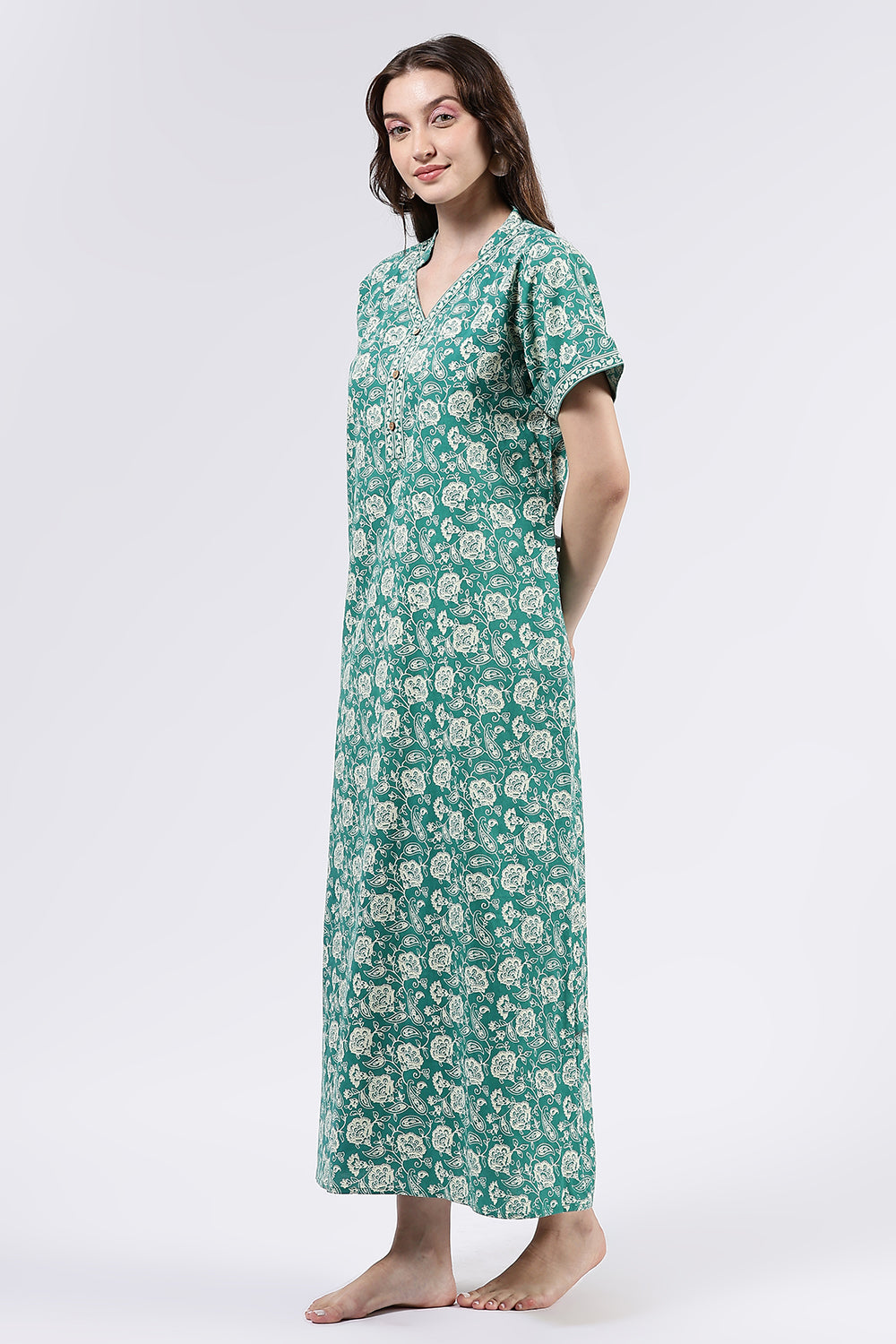 Naidu Hall Women’s Printed Cotton Full Length Nighty with Mandarin Collar and V Slit Neckline
- Green - NA69