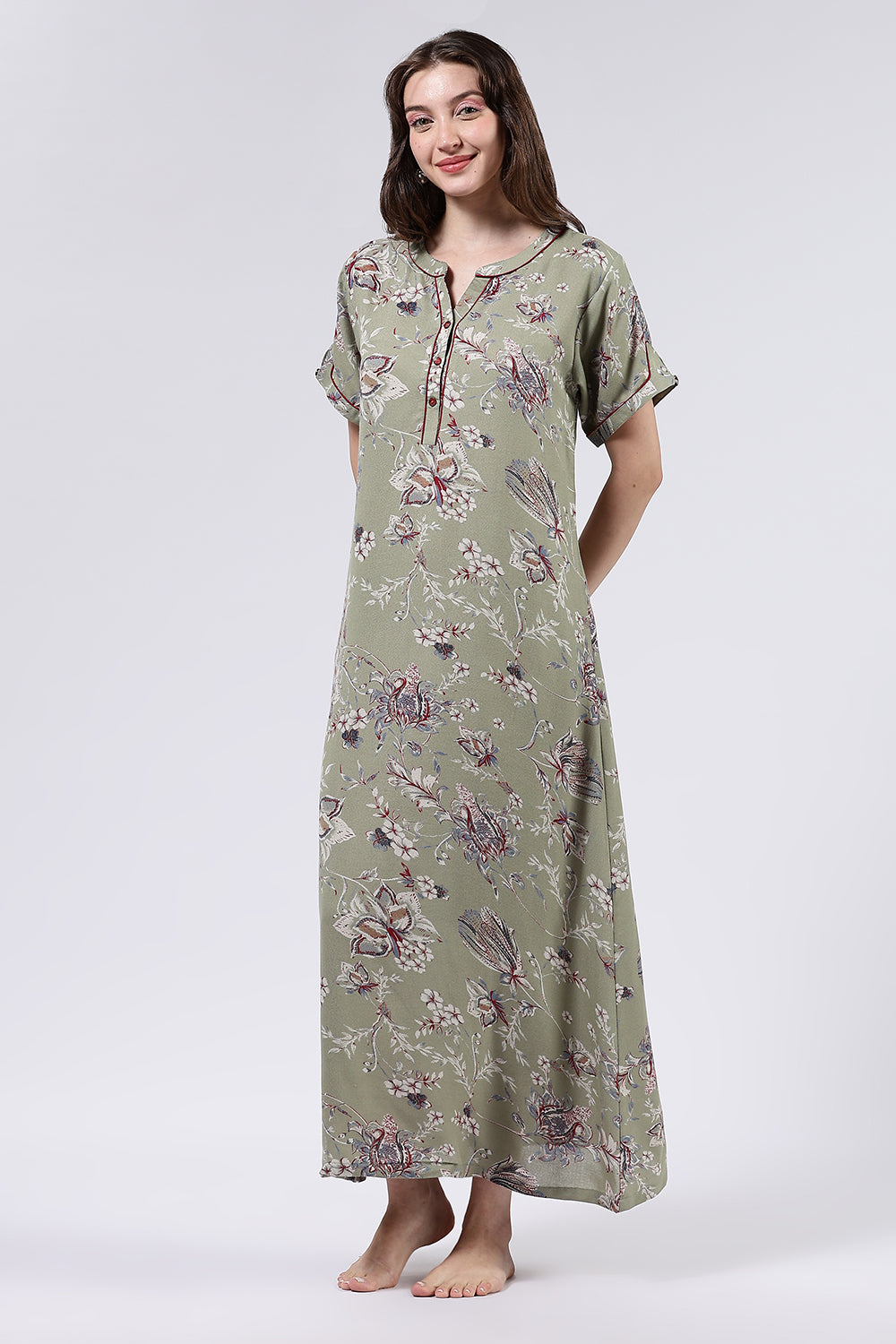 Naidu Hall Women’s Printed Cotton Blend Full Length Nighty with Mandarin Collar and V Slit Placket
- NA69