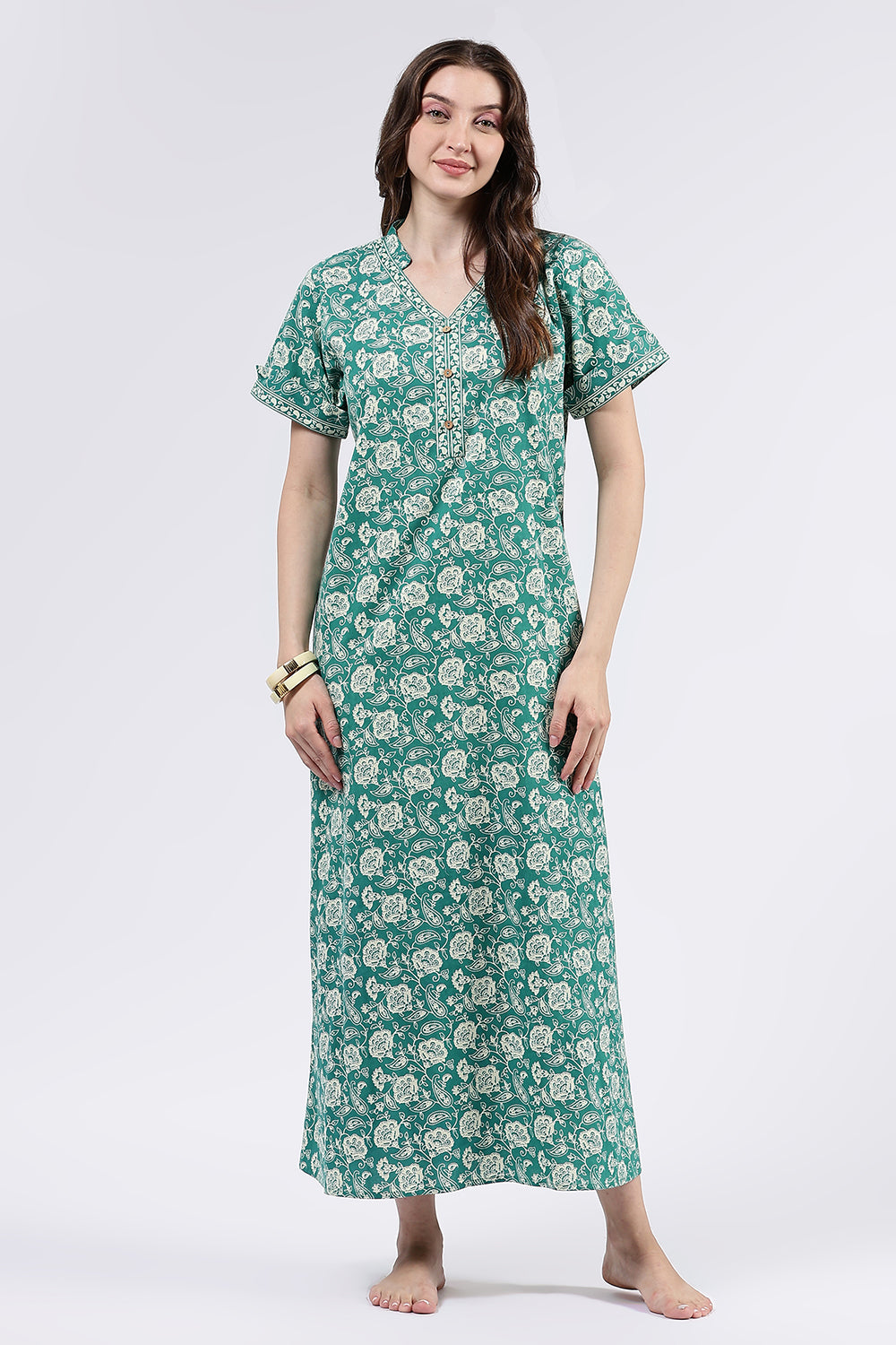 Naidu Hall Women’s Printed Cotton Full Length Nighty with Mandarin Collar and V Slit Neckline
- Green - NA69