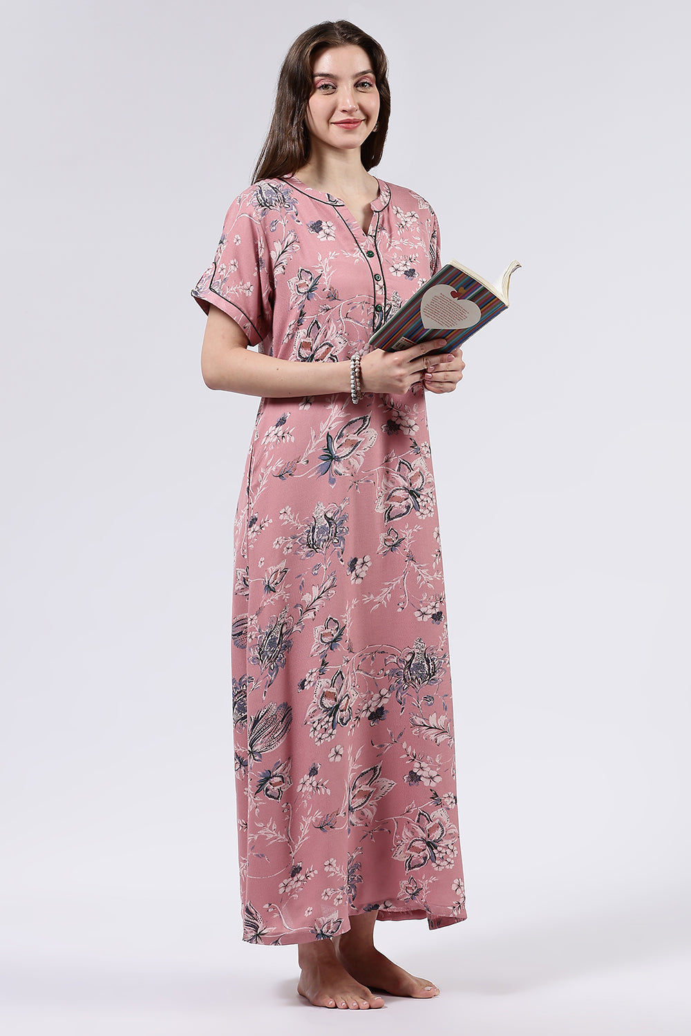 Naidu Hall Women’s Printed Cotton Blend Full Length Nighty with Mandarin Collar and V Slit Placket
- NA69