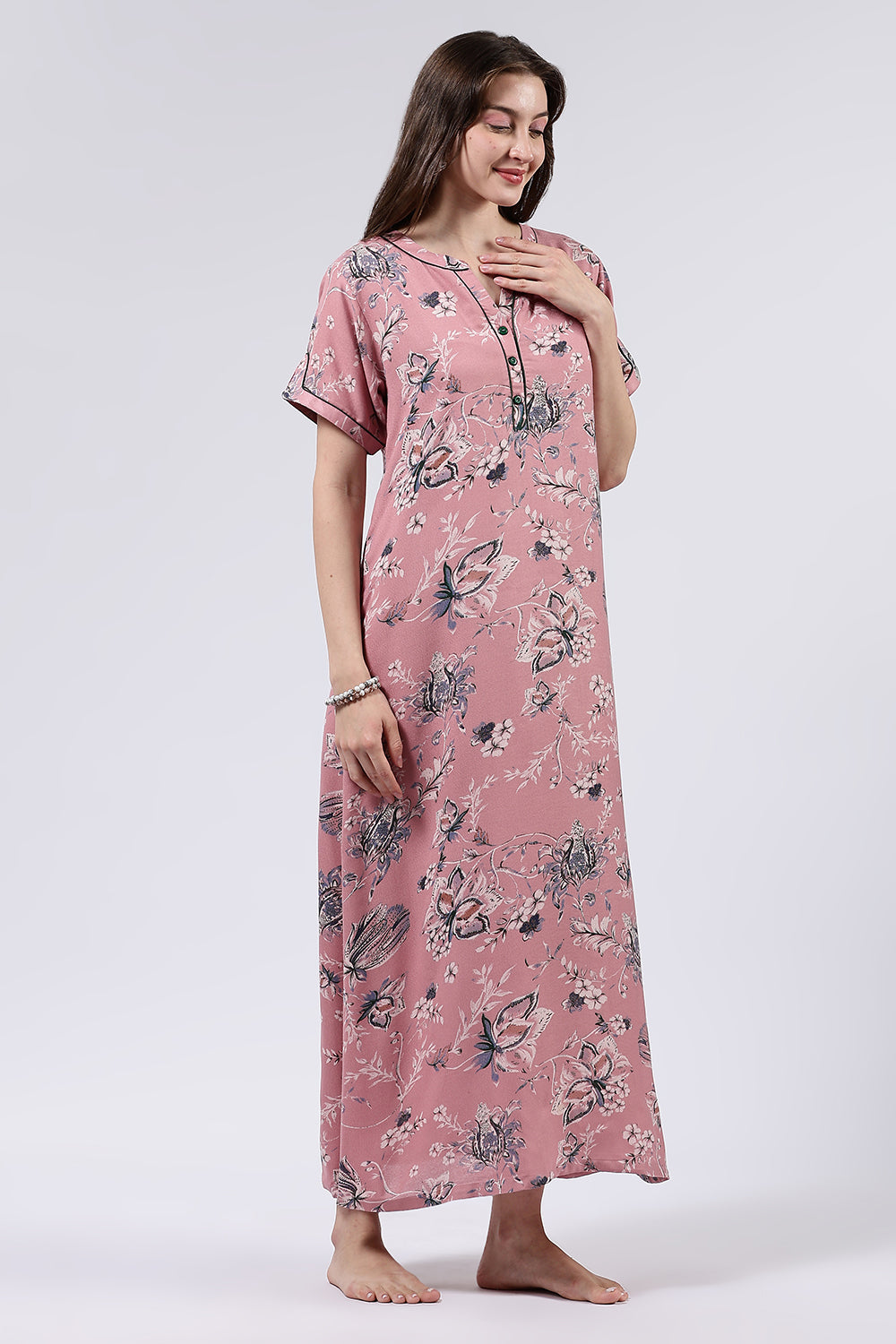 Naidu Hall Women’s Printed Cotton Blend Full Length Nighty with Mandarin Collar and V Slit Placket
- NA69