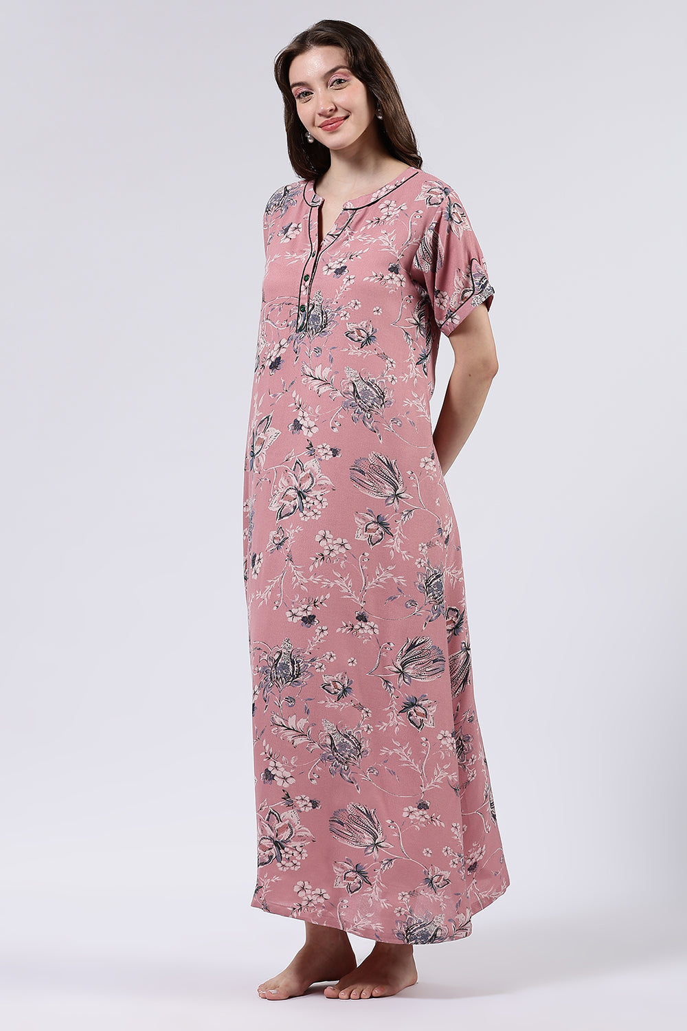 Naidu Hall Women’s Printed Cotton Blend Full Length Nighty with Mandarin Collar and V Slit Placket
- NA69