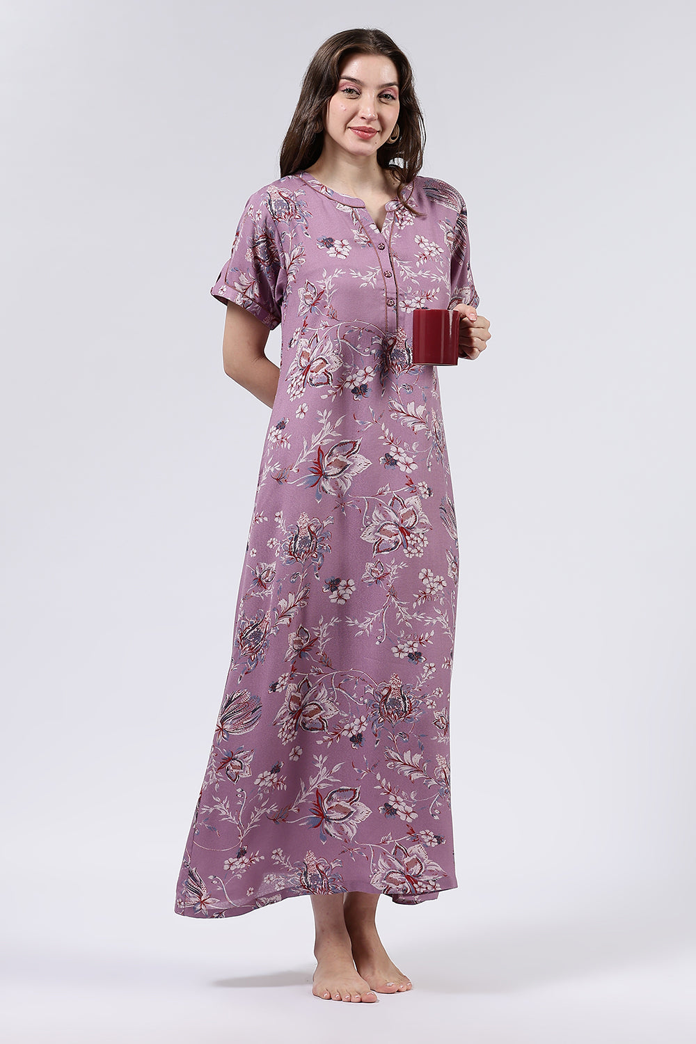 Naidu Hall Women’s Printed Cotton Blend Full Length Nighty with Mandarin Collar and V Slit Placket
- NA69