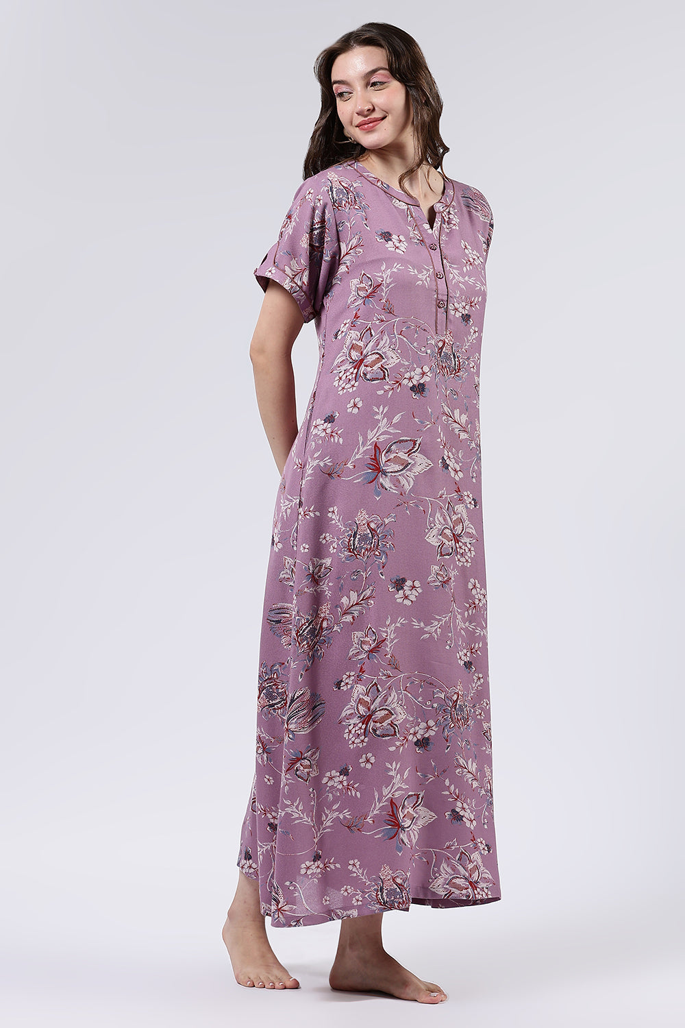 Naidu Hall Women’s Printed Cotton Blend Full Length Nighty with Mandarin Collar and V Slit Placket
- NA69