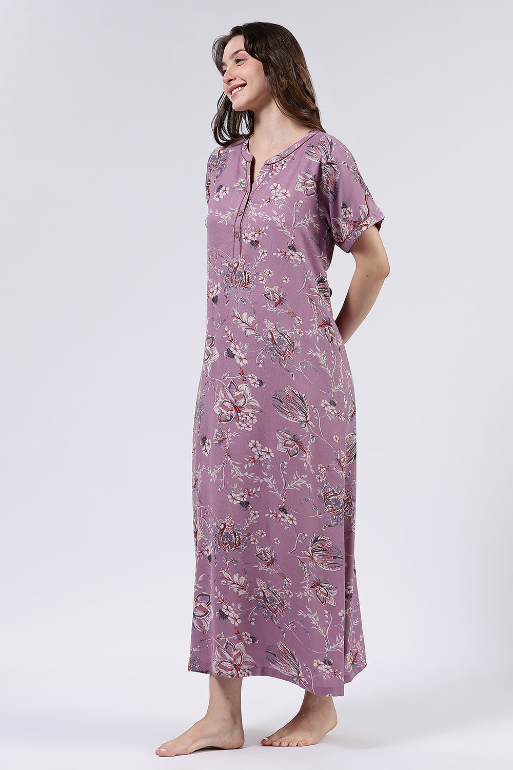 Naidu Hall Women’s Printed Cotton Blend Full Length Nighty with Mandarin Collar and V Slit Placket
- NA69