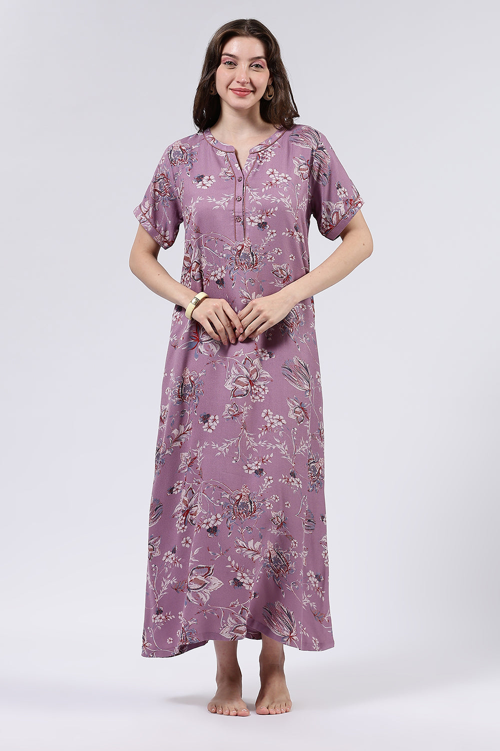 Naidu Hall Women’s Printed Cotton Blend Full Length Nighty with Mandarin Collar and V Slit Placket
- NA69