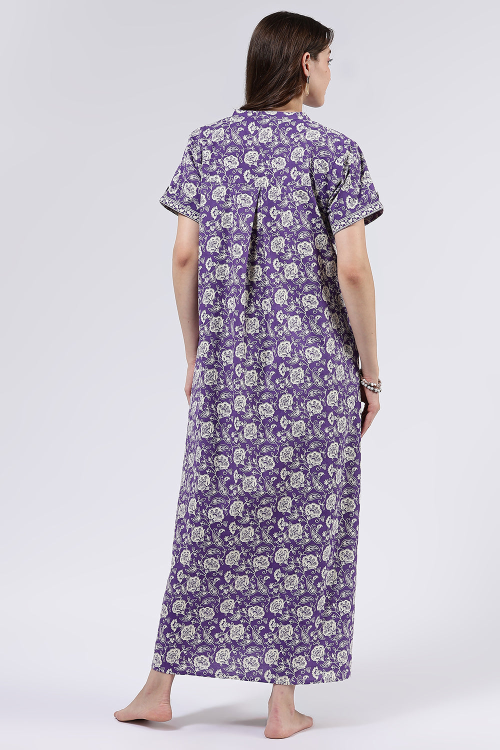 Naidu Hall Women’s Printed Cotton Full Length Nighty with Mandarin Collar and V Slit Neckline
- Violet - NA69