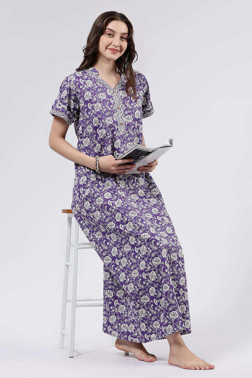 Naidu Hall Women’s Printed Cotton Full Length Nighty with Mandarin Collar and V Slit Neckline
- Violet - NA69
