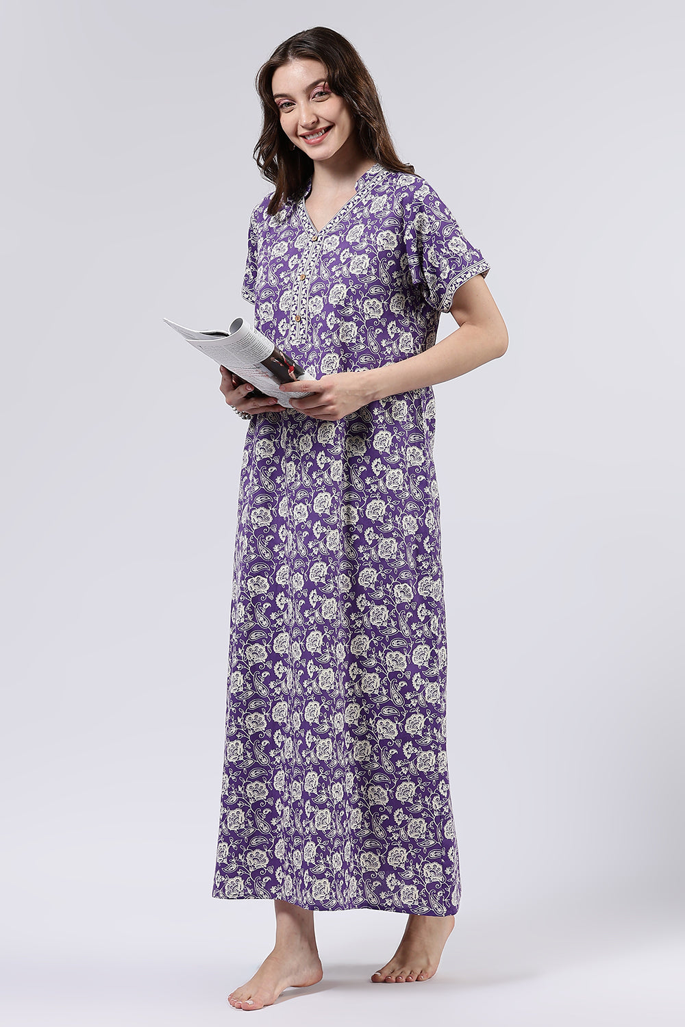 Naidu Hall Women’s Printed Cotton Full Length Nighty with Mandarin Collar and V Slit Neckline
- Violet - NA69