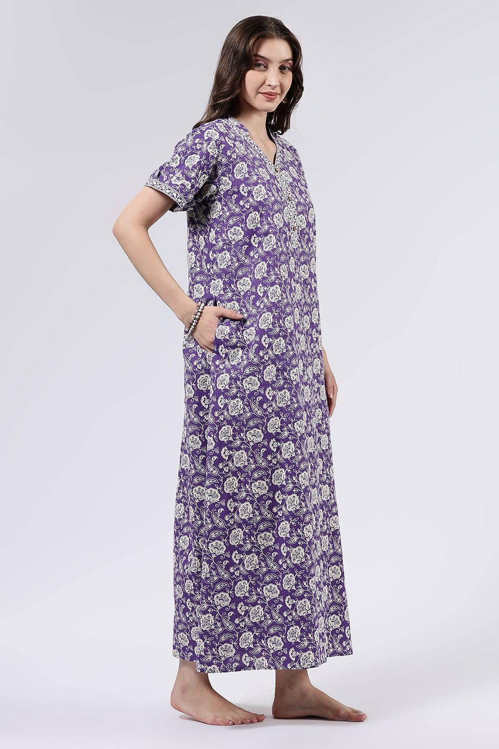 Naidu Hall Women’s Printed Cotton Full Length Nighty with Mandarin Collar and V Slit Neckline
- Violet - NA69