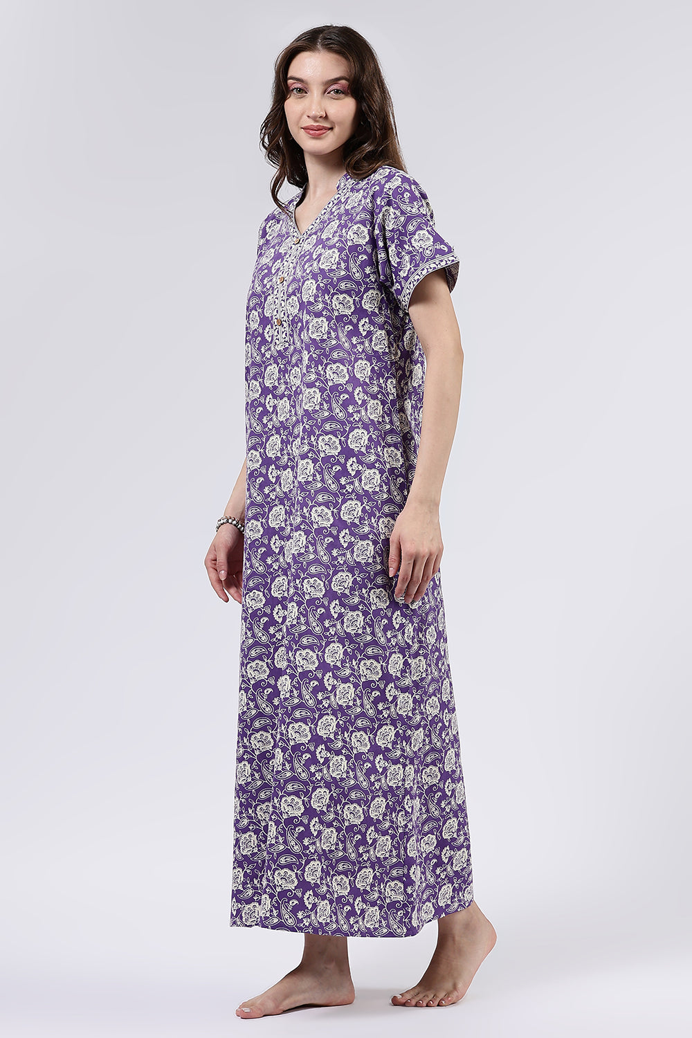 Naidu Hall Women’s Printed Cotton Full Length Nighty with Mandarin Collar and V Slit Neckline
- Violet - NA69