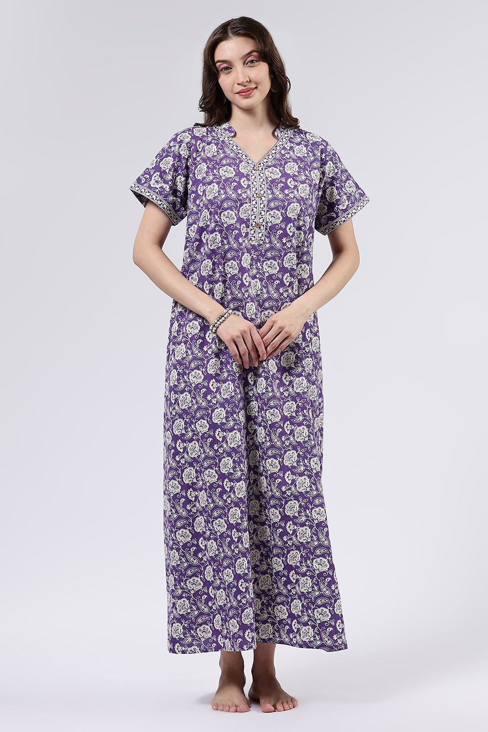 Naidu Hall Women’s Printed Cotton Full Length Nighty with Mandarin Collar and V Slit Neckline
- Violet - NA69