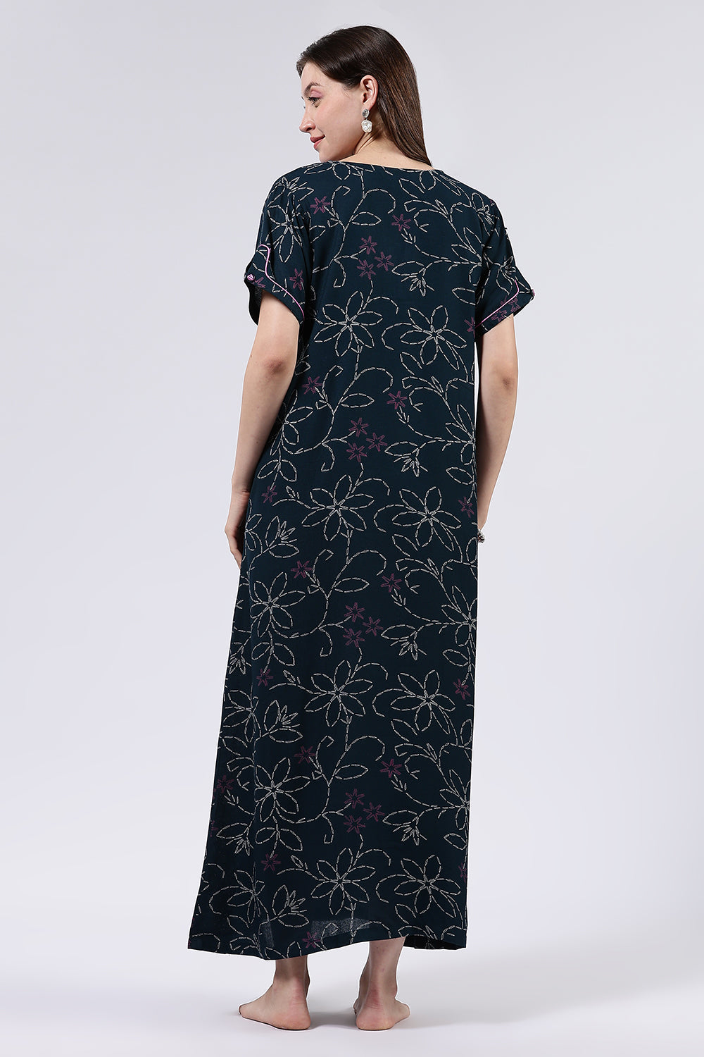 Naidu Hall Women’s Printed Cotton Blend Full Length Nighty with Mandarin Collar and V Slit Placket
- NA70