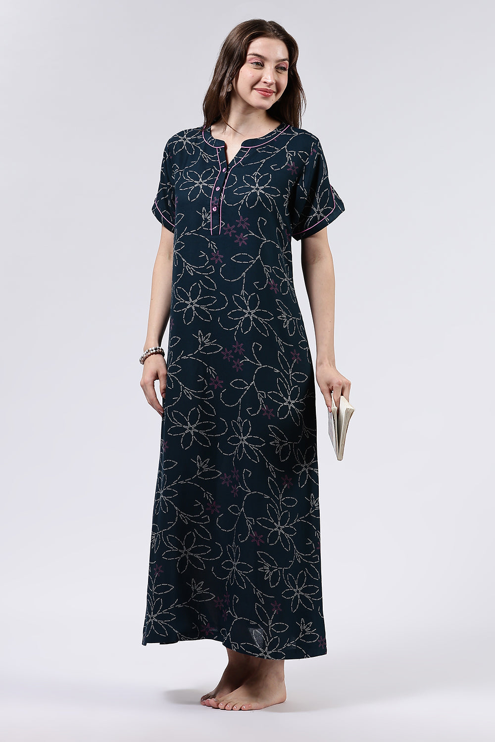 Naidu Hall Women’s Printed Cotton Blend Full Length Nighty with Mandarin Collar and V Slit Placket
- NA70