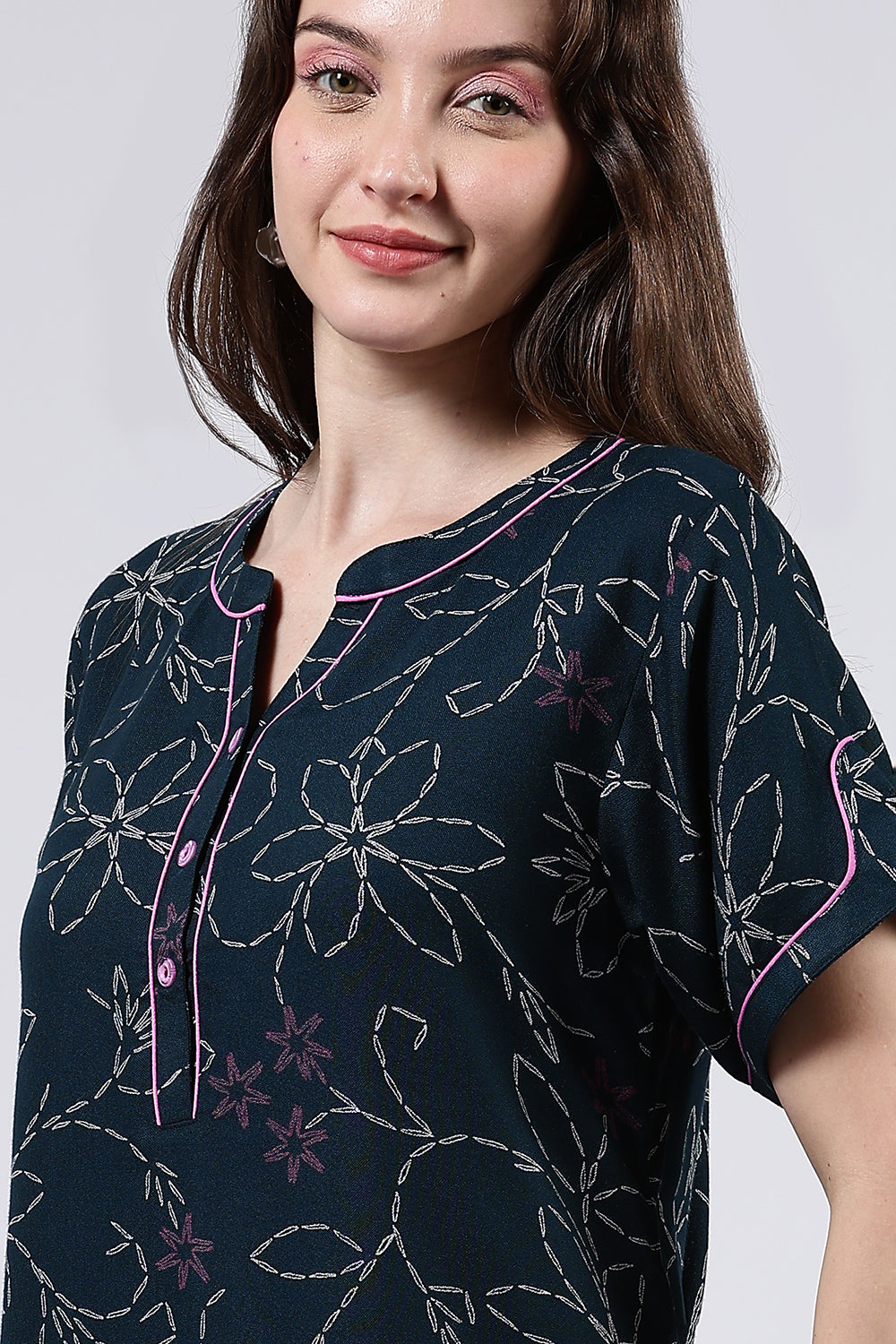 Naidu Hall Women’s Printed Cotton Blend Full Length Nighty with Mandarin Collar and V Slit Placket
- NA70