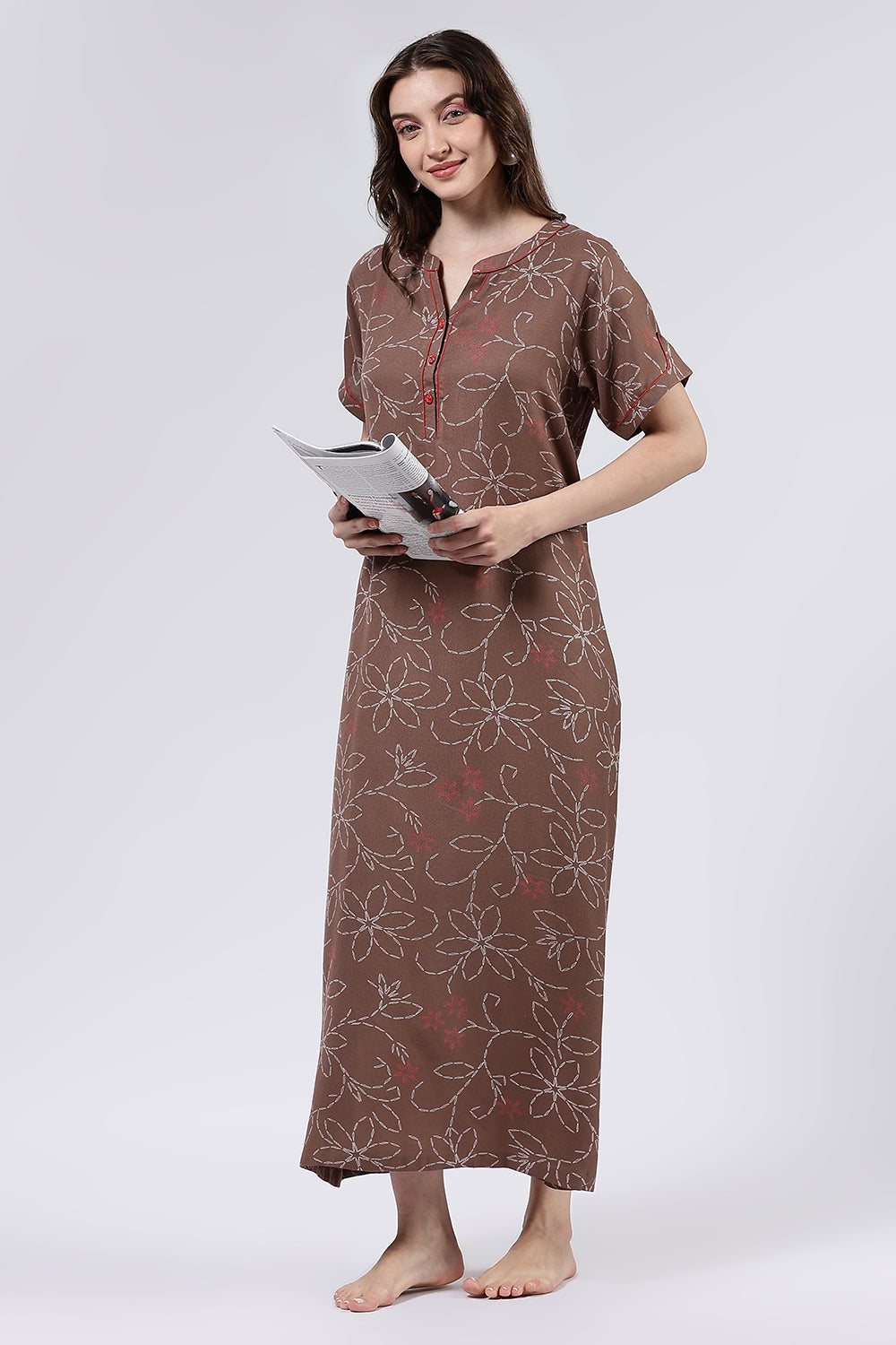 Naidu Hall Women’s Printed Cotton Blend Full Length Nighty with Mandarin Collar and V Slit Placket
- NA70