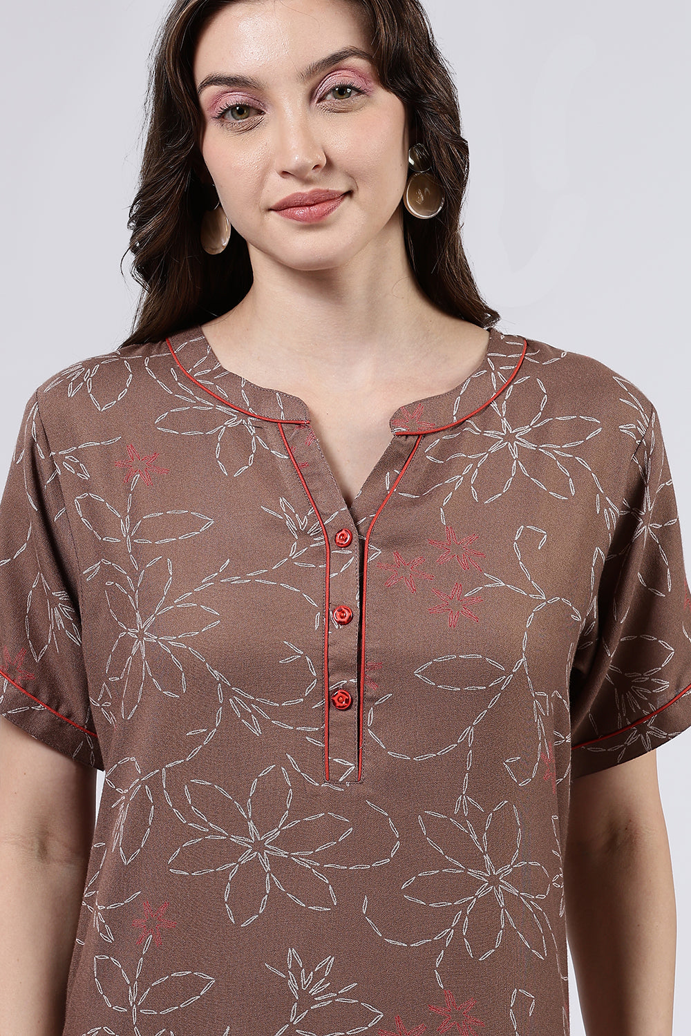 Naidu Hall Women’s Printed Cotton Blend Full Length Nighty with Mandarin Collar and V Slit Placket
- NA70