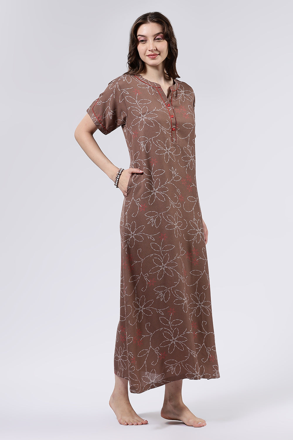 Naidu Hall Women’s Printed Cotton Blend Full Length Nighty with Mandarin Collar and V Slit Placket
- NA70