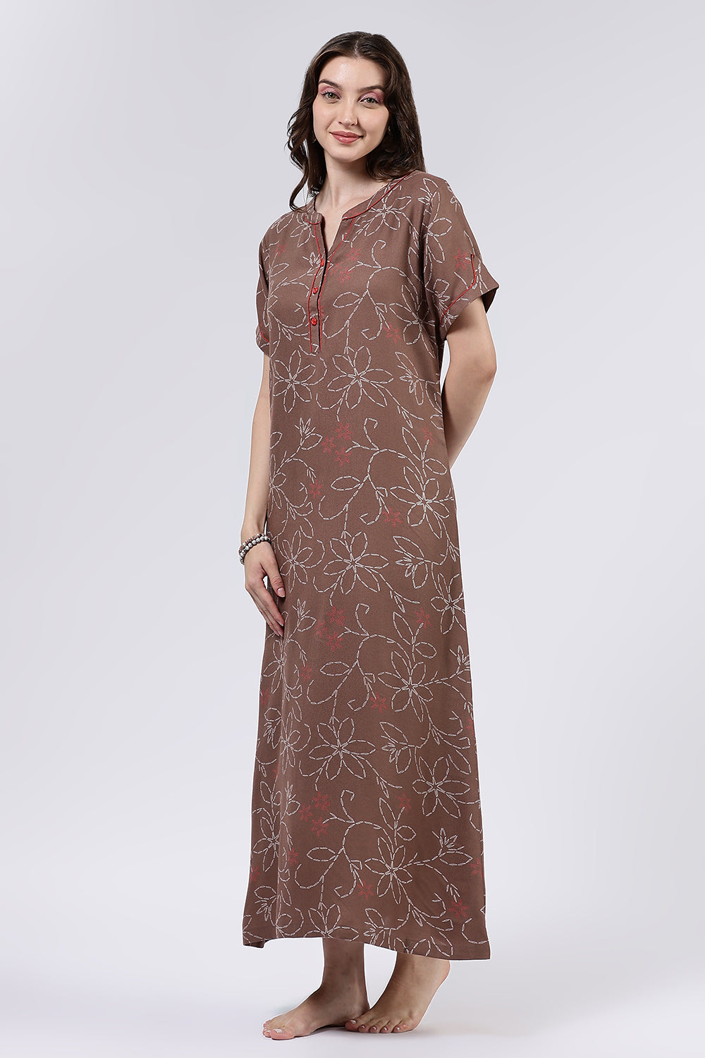 Naidu Hall Women’s Printed Cotton Blend Full Length Nighty with Mandarin Collar and V Slit Placket
- NA70