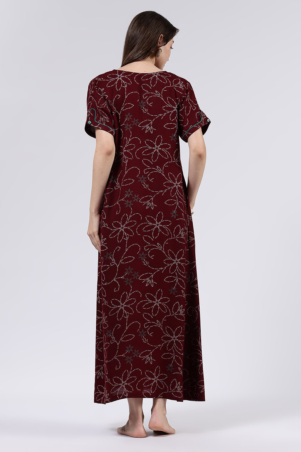 Naidu Hall Women’s Printed Cotton Blend Full Length Nighty with Mandarin Collar and V Slit Placket
- NA70