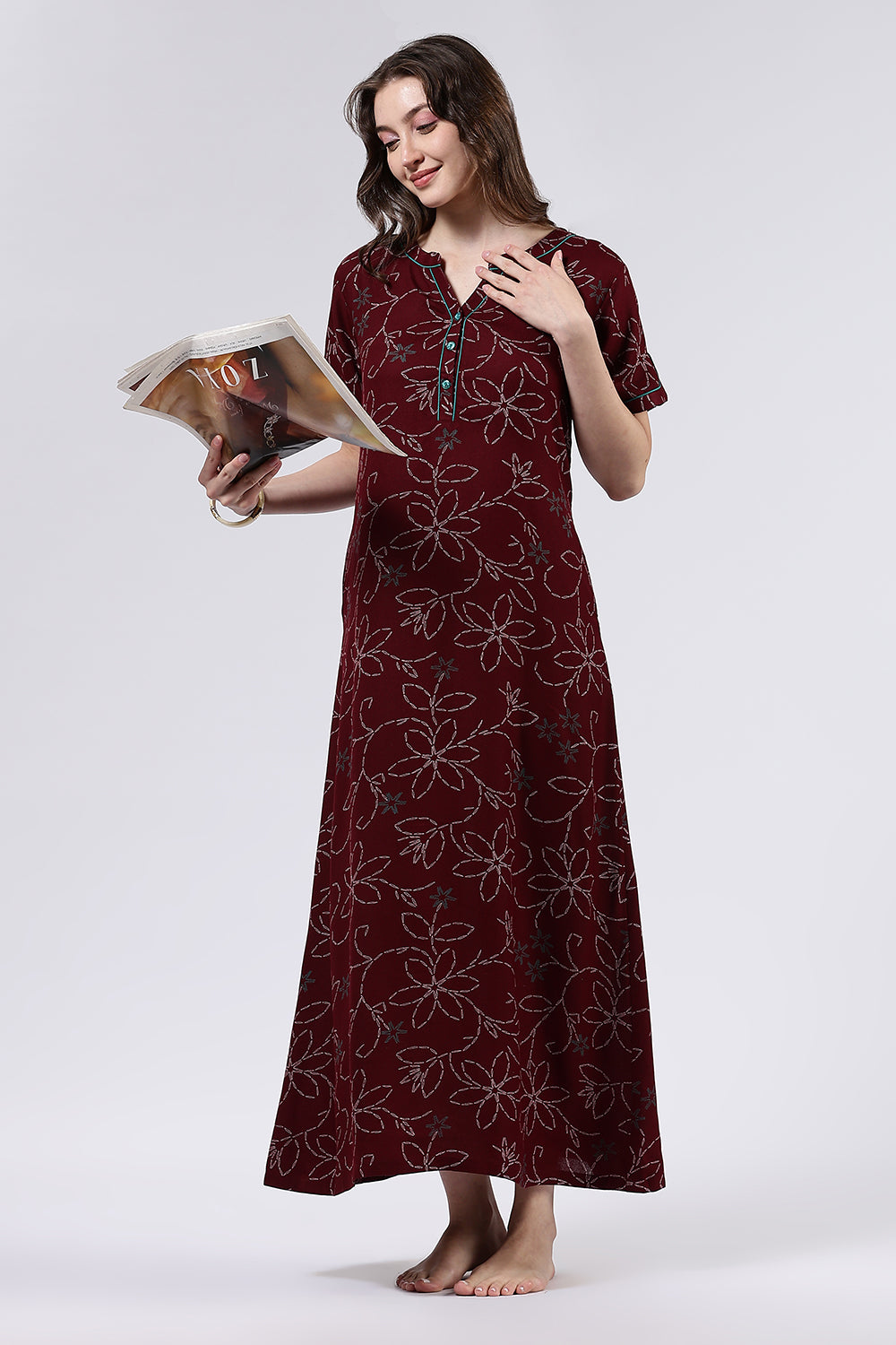 Naidu Hall Women’s Printed Cotton Blend Full Length Nighty with Mandarin Collar and V Slit Placket
- NA70