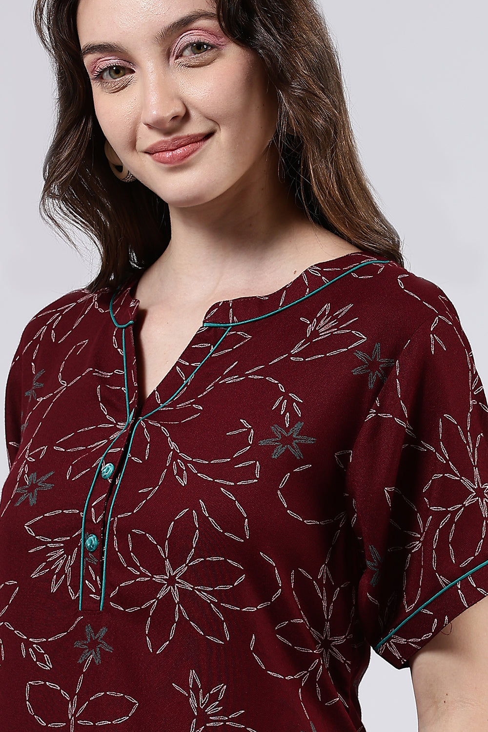 Naidu Hall Women’s Printed Cotton Blend Full Length Nighty with Mandarin Collar and V Slit Placket
- NA70