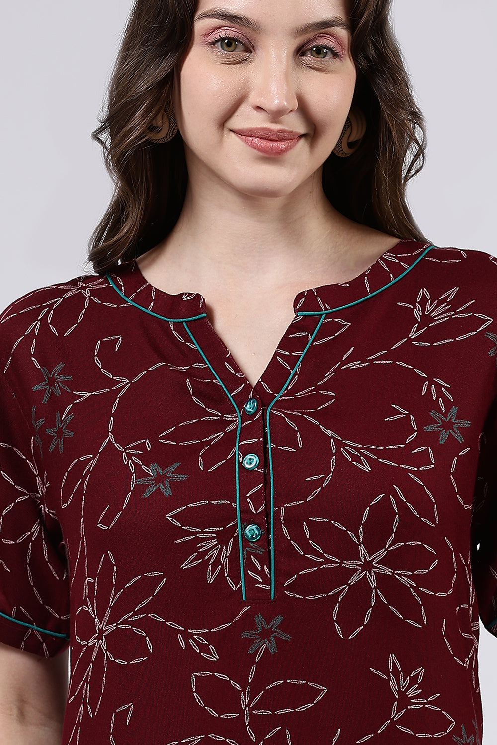 Naidu Hall Women’s Printed Cotton Blend Full Length Nighty with Mandarin Collar and V Slit Placket
- NA70