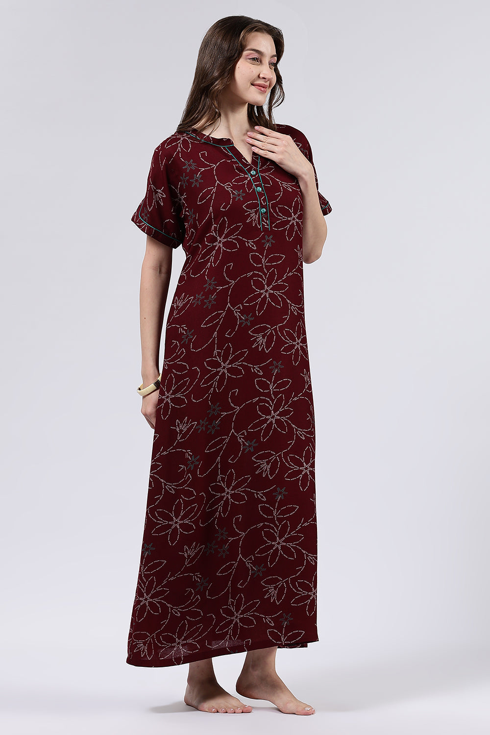 Naidu Hall Women’s Printed Cotton Blend Full Length Nighty with Mandarin Collar and V Slit Placket
- NA70