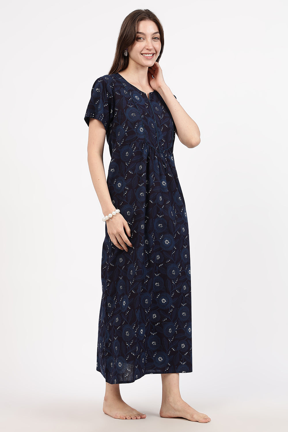Naidu Hall Women’s Floral Printed Cotton Nighty with Front Yoke & Contrast Piping | Round Neck, Short Sleeves
- NA94