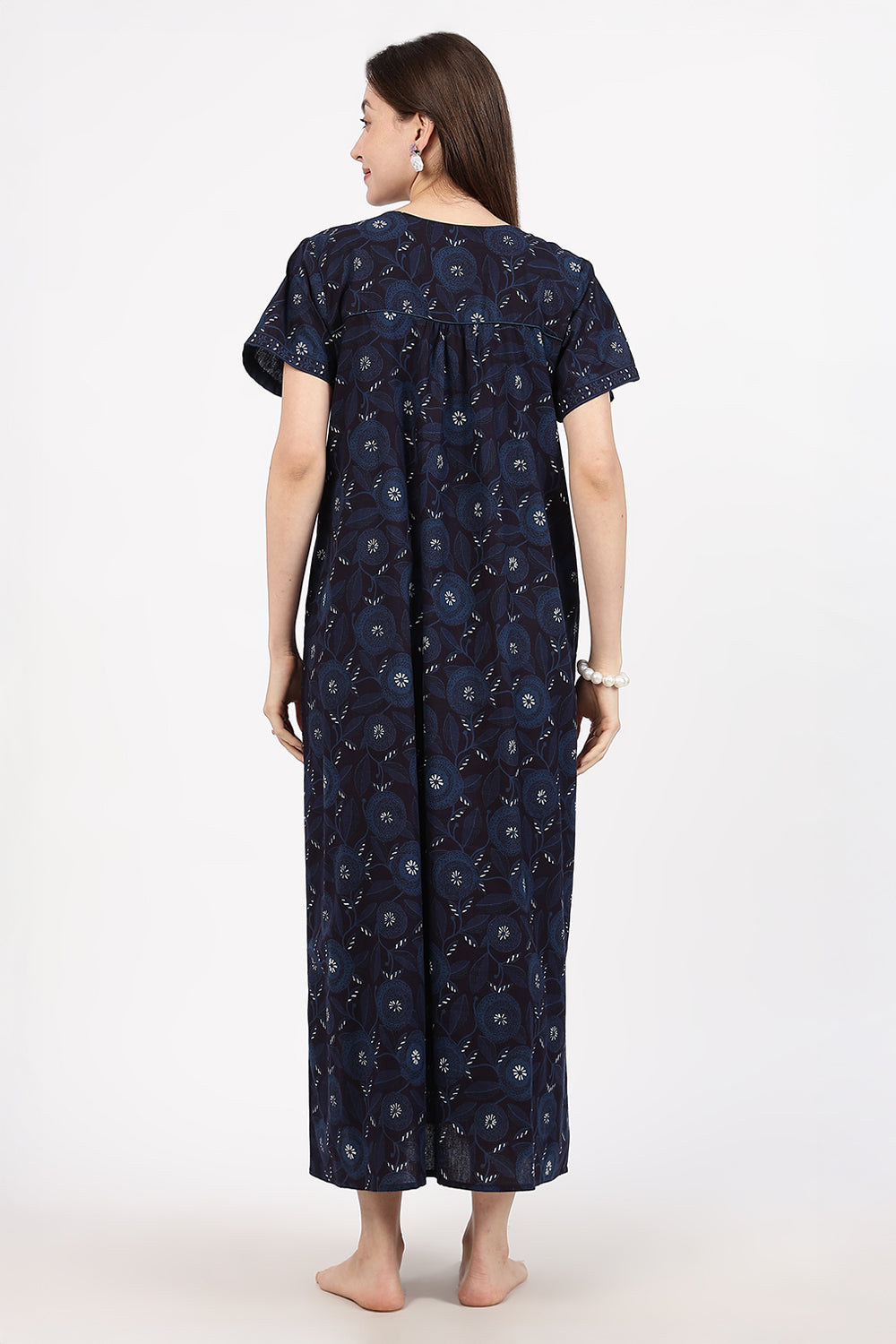 Naidu Hall Women’s Floral Printed Cotton Nighty with Front Yoke & Contrast Piping | Round Neck, Short Sleeves
- NA94