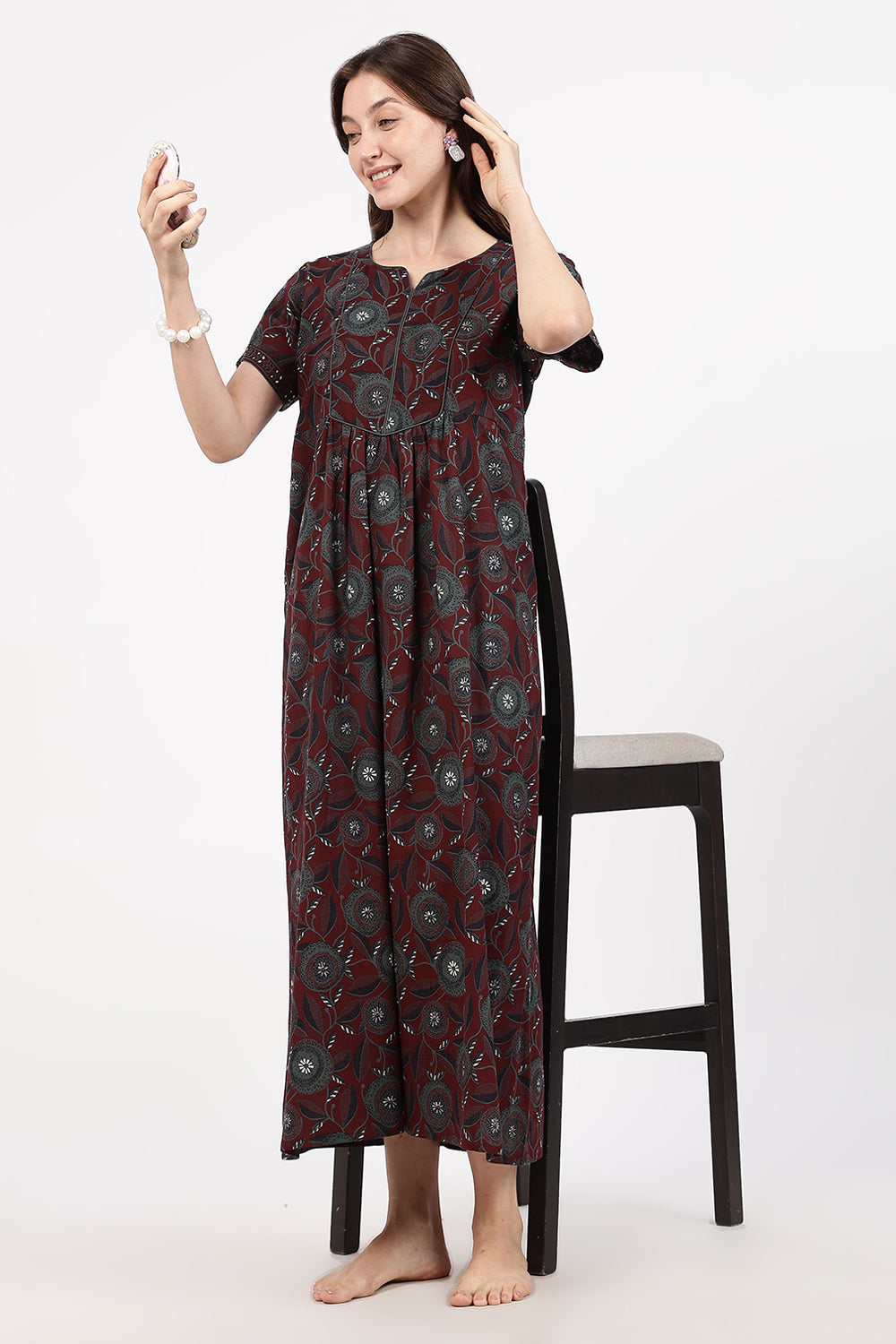 Naidu Hall Women’s Floral Printed Cotton Nighty with Front Yoke & Contrast Piping | Round Neck, Short Sleeves
- NA94