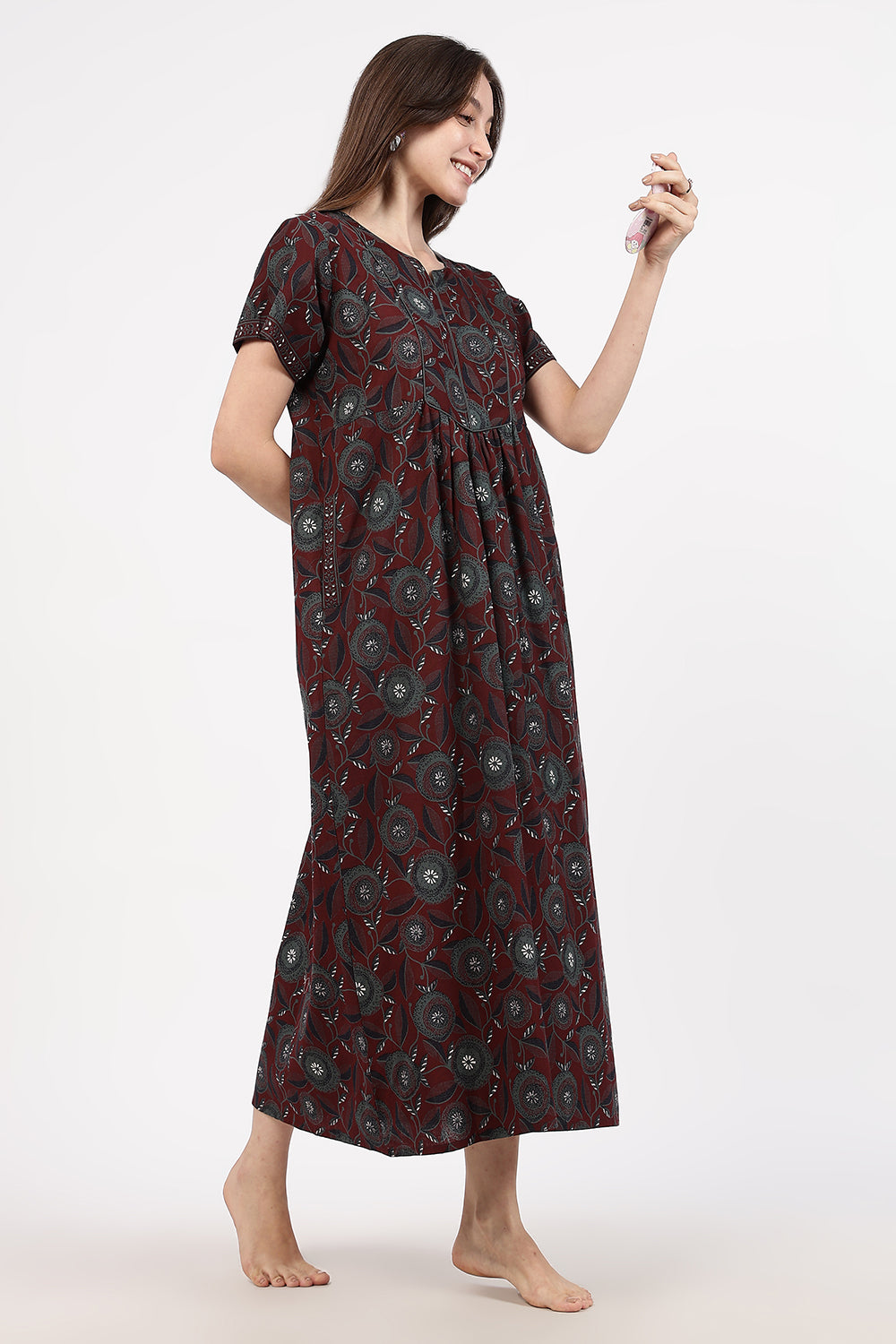 Naidu Hall Women’s Floral Printed Cotton Nighty with Front Yoke & Contrast Piping | Round Neck, Short Sleeves
- NA94