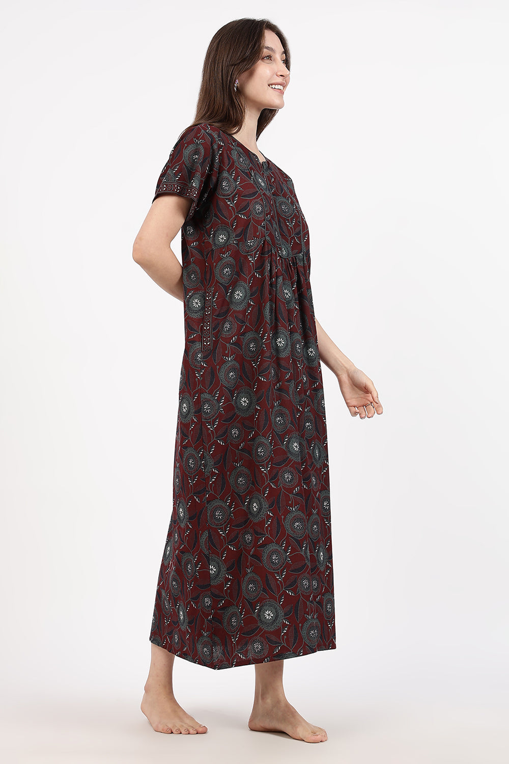 Naidu Hall Women’s Floral Printed Cotton Nighty with Front Yoke & Contrast Piping | Round Neck, Short Sleeves
- NA94