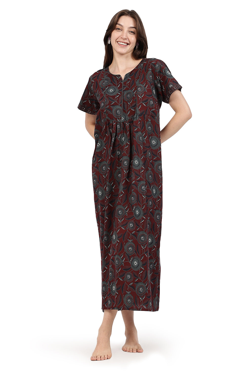 Naidu Hall Women’s Floral Printed Cotton Nighty with Front Yoke & Contrast Piping | Round Neck, Short Sleeves
- NA94