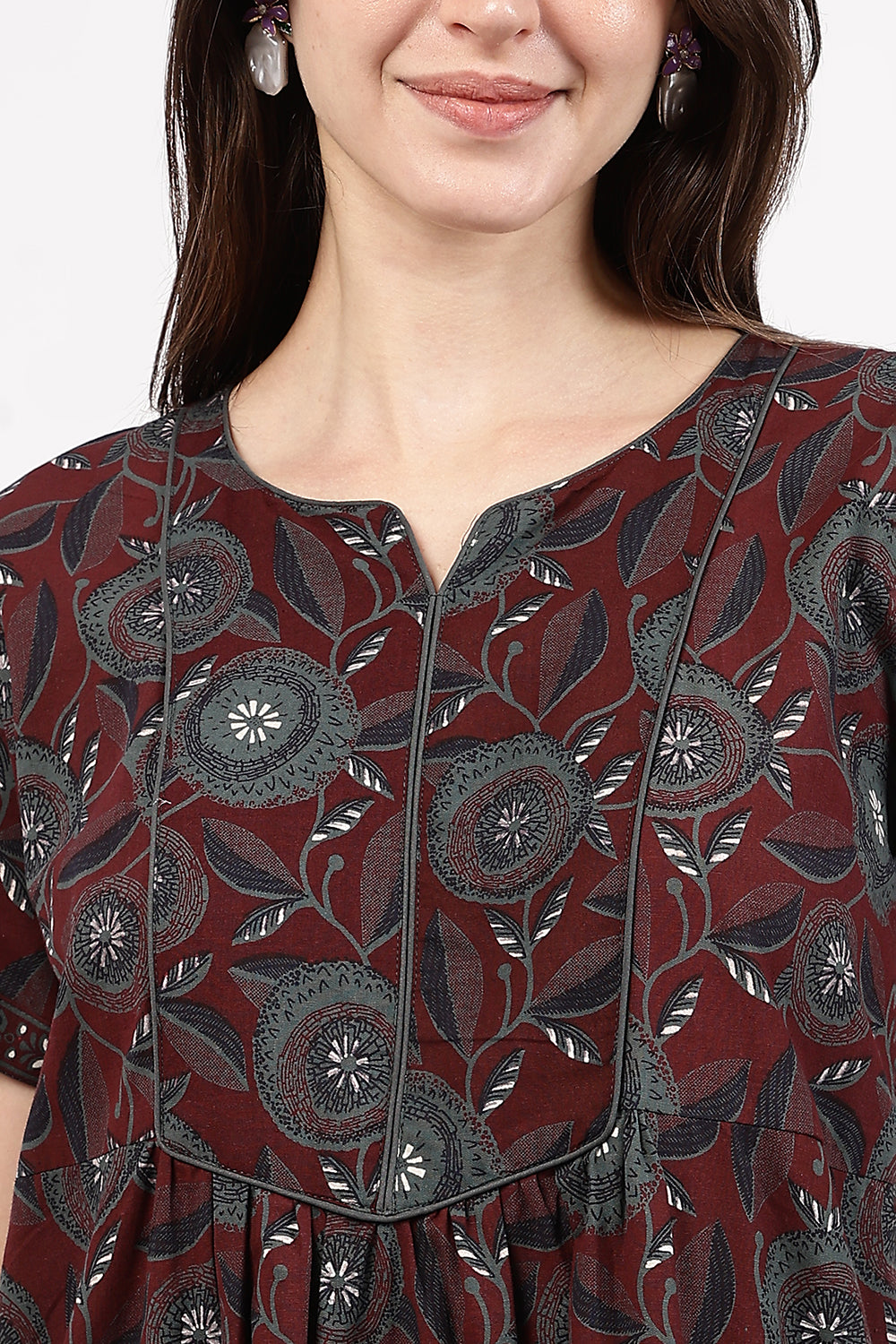 Naidu Hall Women’s Floral Printed Cotton Nighty with Front Yoke & Contrast Piping | Round Neck, Short Sleeves
- NA94