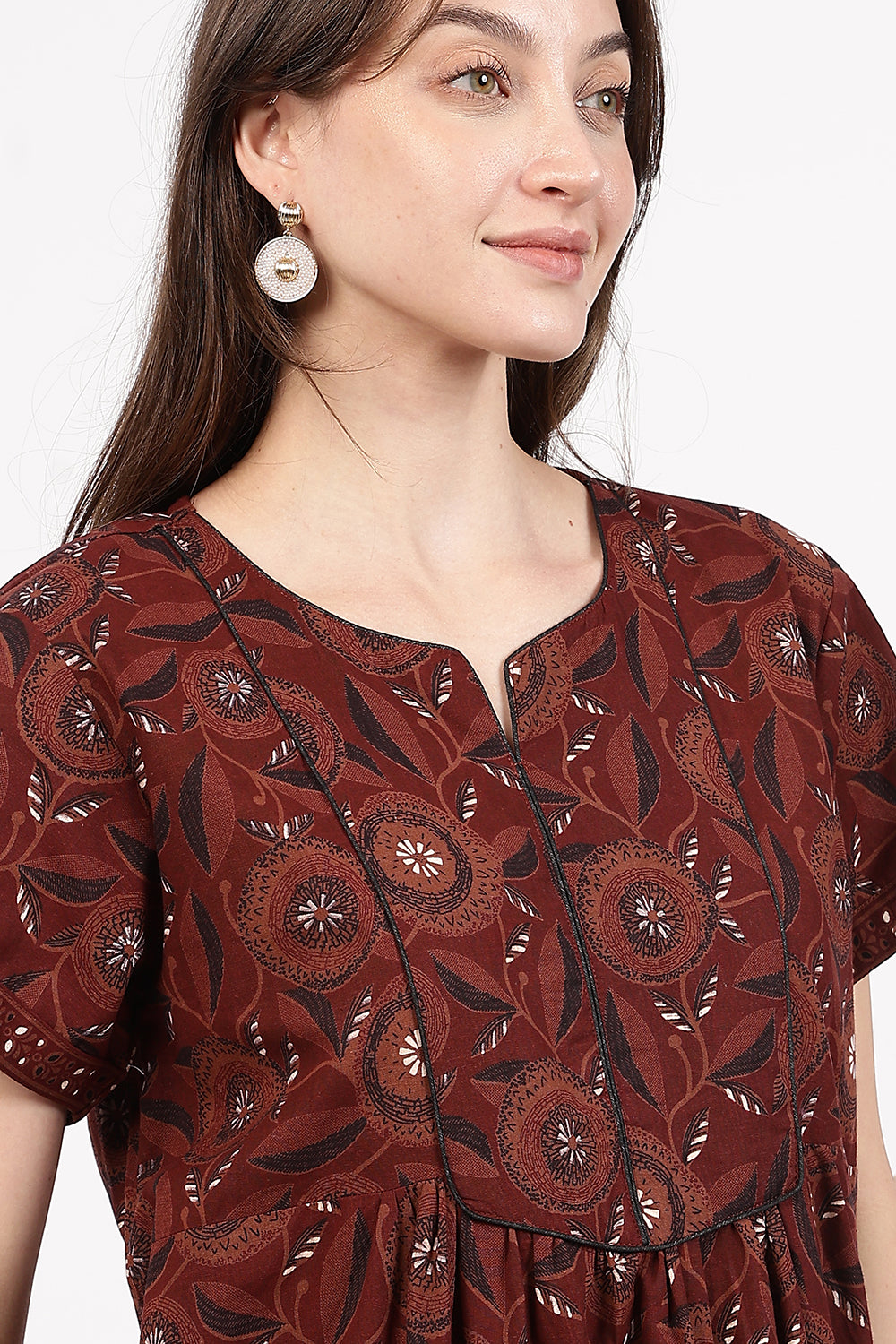 Naidu Hall Women’s Floral Printed Cotton Nighty with Front Yoke & Contrast Piping | Round Neck, Short Sleeves
- NA94