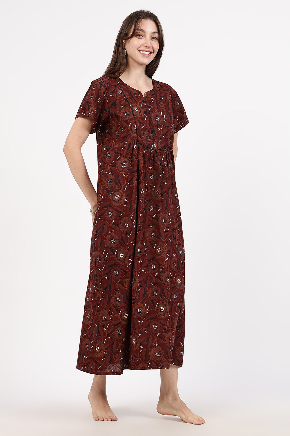 Naidu Hall Women’s Floral Printed Cotton Nighty with Front Yoke & Contrast Piping | Round Neck, Short Sleeves
- NA94