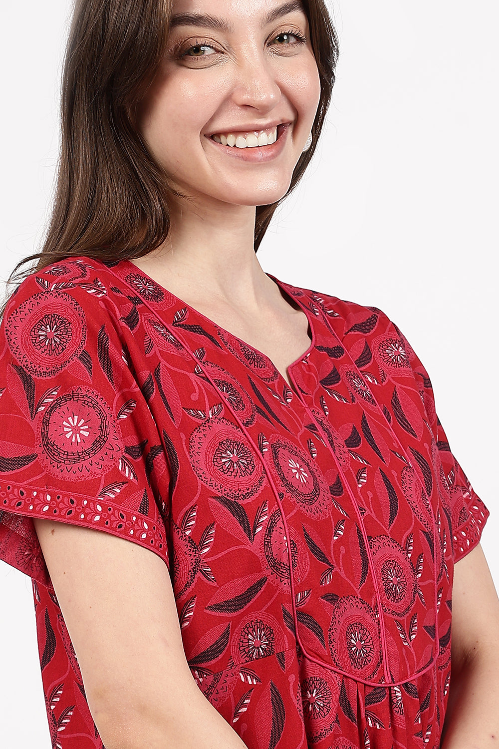 Naidu Hall Women’s Floral Printed Cotton Nighty with Front Yoke & Contrast Piping | Round Neck, Short Sleeves
- NA94