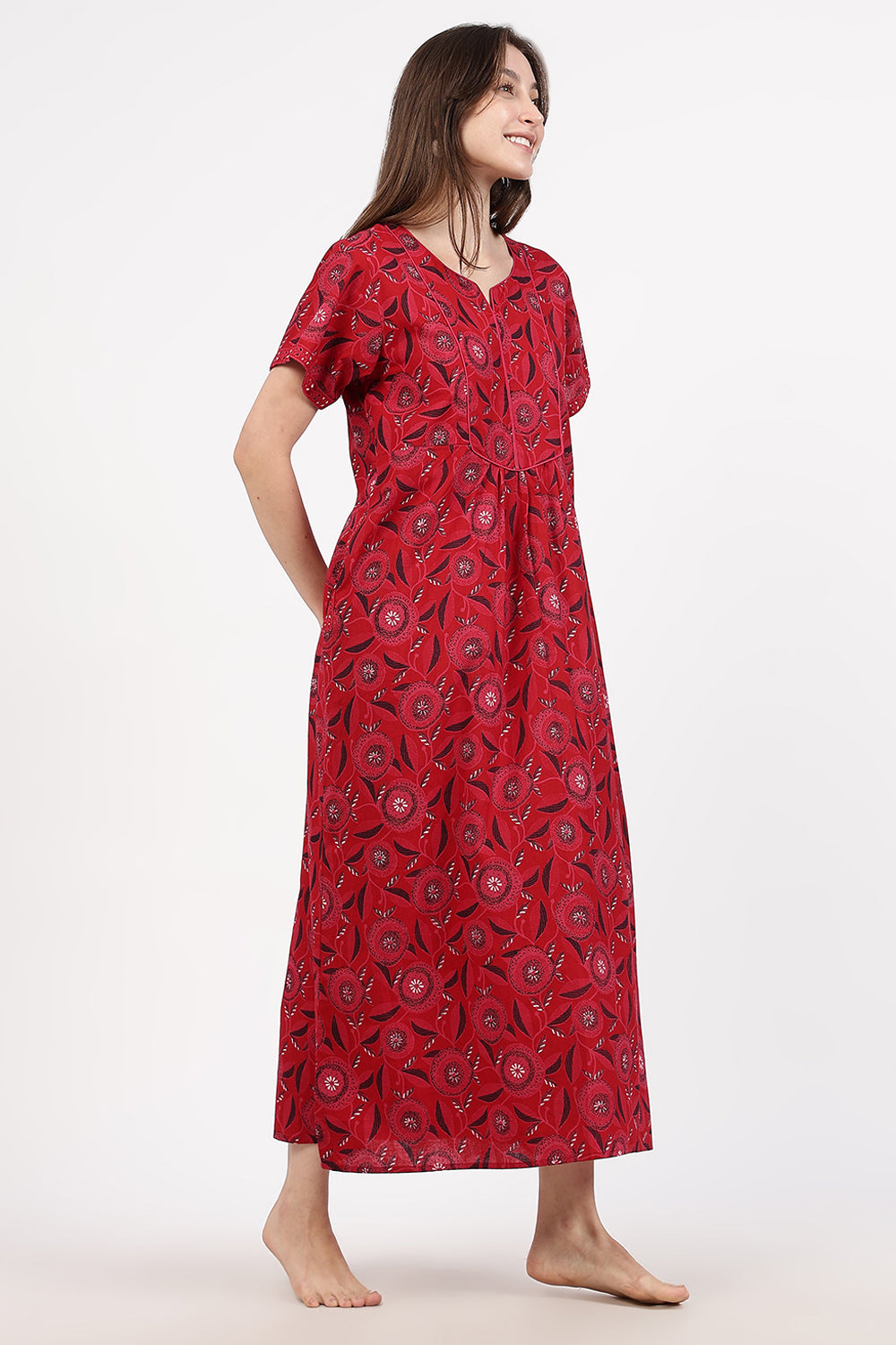 Naidu Hall Women’s Floral Printed Cotton Nighty with Front Yoke & Contrast Piping | Round Neck, Short Sleeves
- NA94