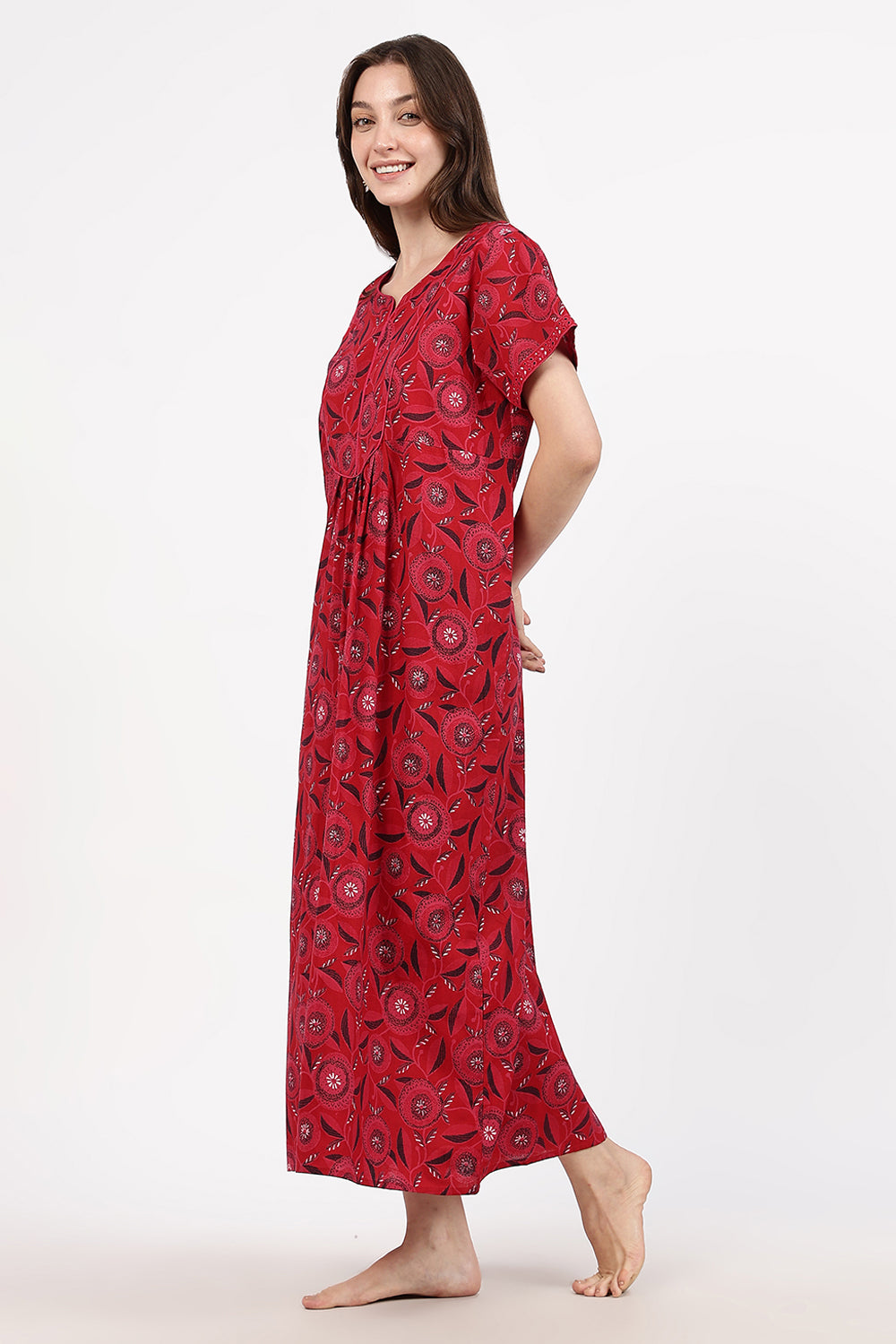 Naidu Hall Women’s Floral Printed Cotton Nighty with Front Yoke & Contrast Piping | Round Neck, Short Sleeves
- NA94