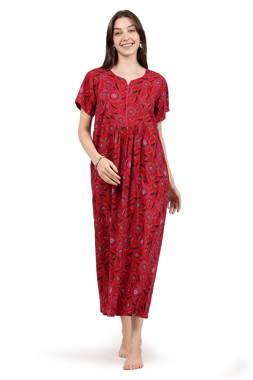 Naidu Hall Women’s Floral Printed Cotton Nighty with Front Yoke & Contrast Piping | Round Neck, Short Sleeves
- NA94