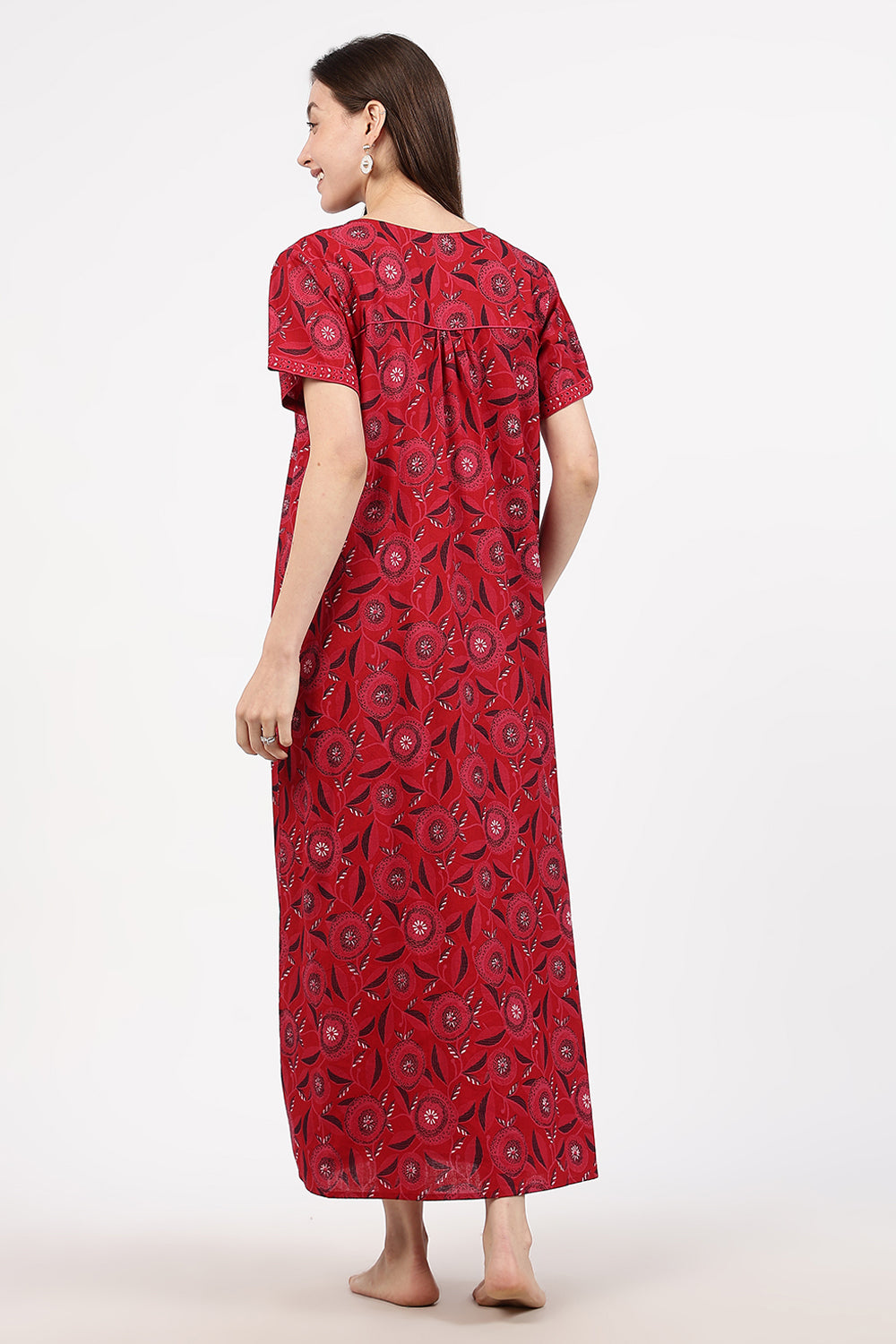Naidu Hall Women’s Floral Printed Cotton Nighty with Front Yoke & Contrast Piping | Round Neck, Short Sleeves
- NA94