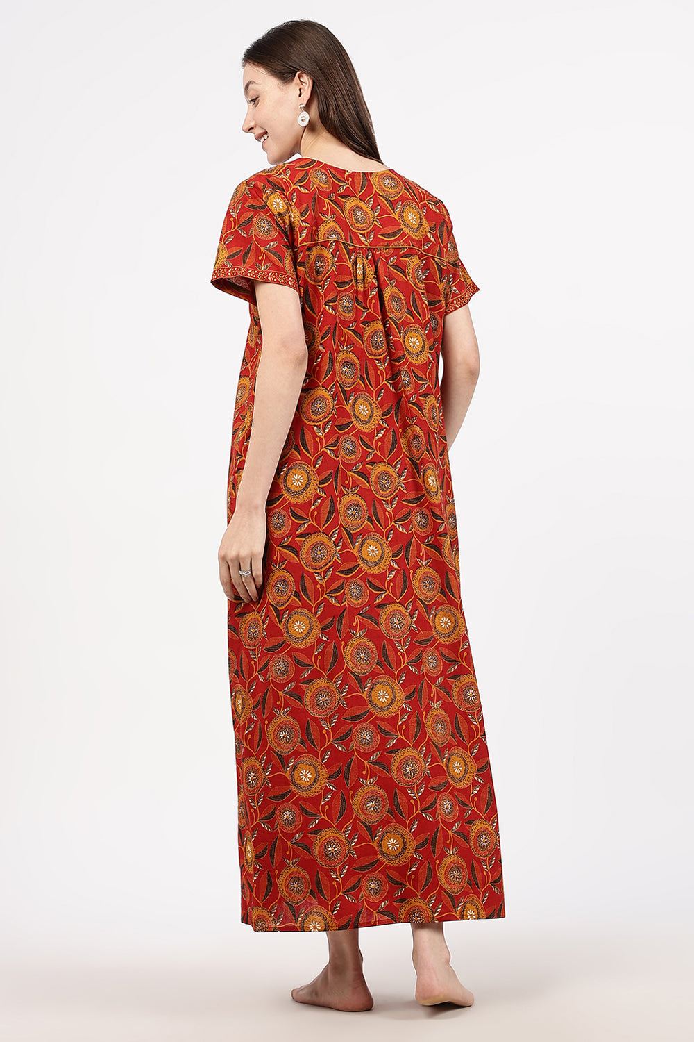 Naidu Hall Women’s Floral Printed Cotton Nighty with Front Yoke & Contrast Piping | Round Neck, Short Sleeves
- NA94
