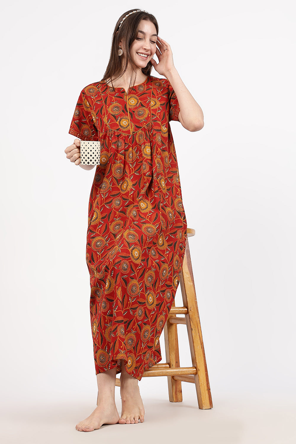 Naidu Hall Women’s Floral Printed Cotton Nighty with Front Yoke & Contrast Piping | Round Neck, Short Sleeves
- NA94
