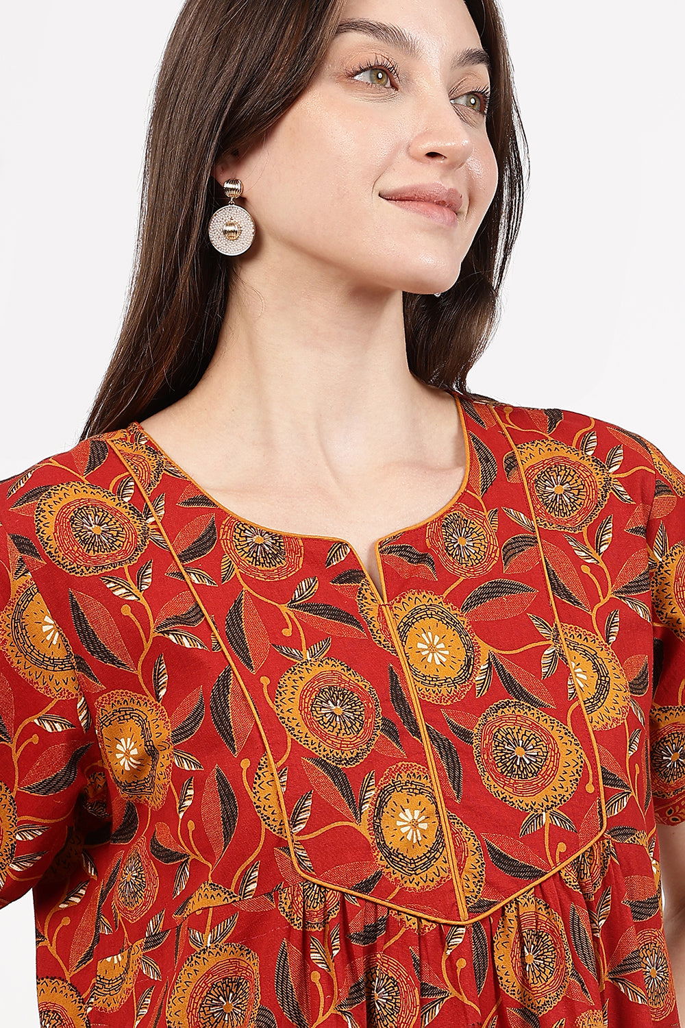Naidu Hall Women’s Floral Printed Cotton Nighty with Front Yoke & Contrast Piping | Round Neck, Short Sleeves
- NA94