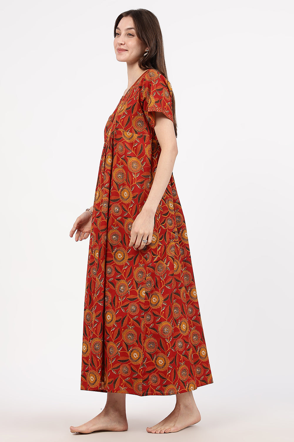 Naidu Hall Women’s Floral Printed Cotton Nighty with Front Yoke & Contrast Piping | Round Neck, Short Sleeves
- NA94