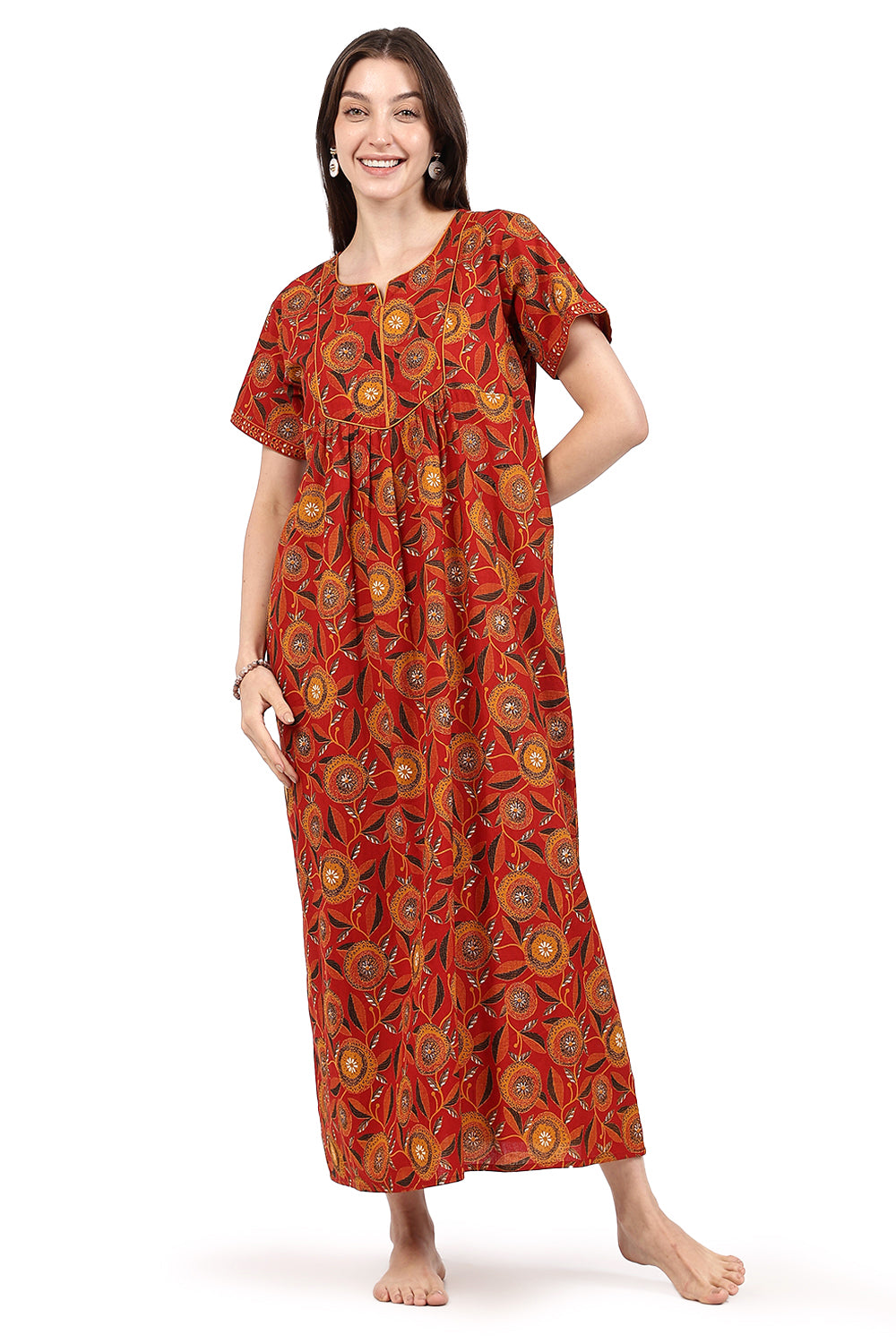 Naidu Hall Women’s Floral Printed Cotton Nighty with Front Yoke & Contrast Piping | Round Neck, Short Sleeves
- NA94
